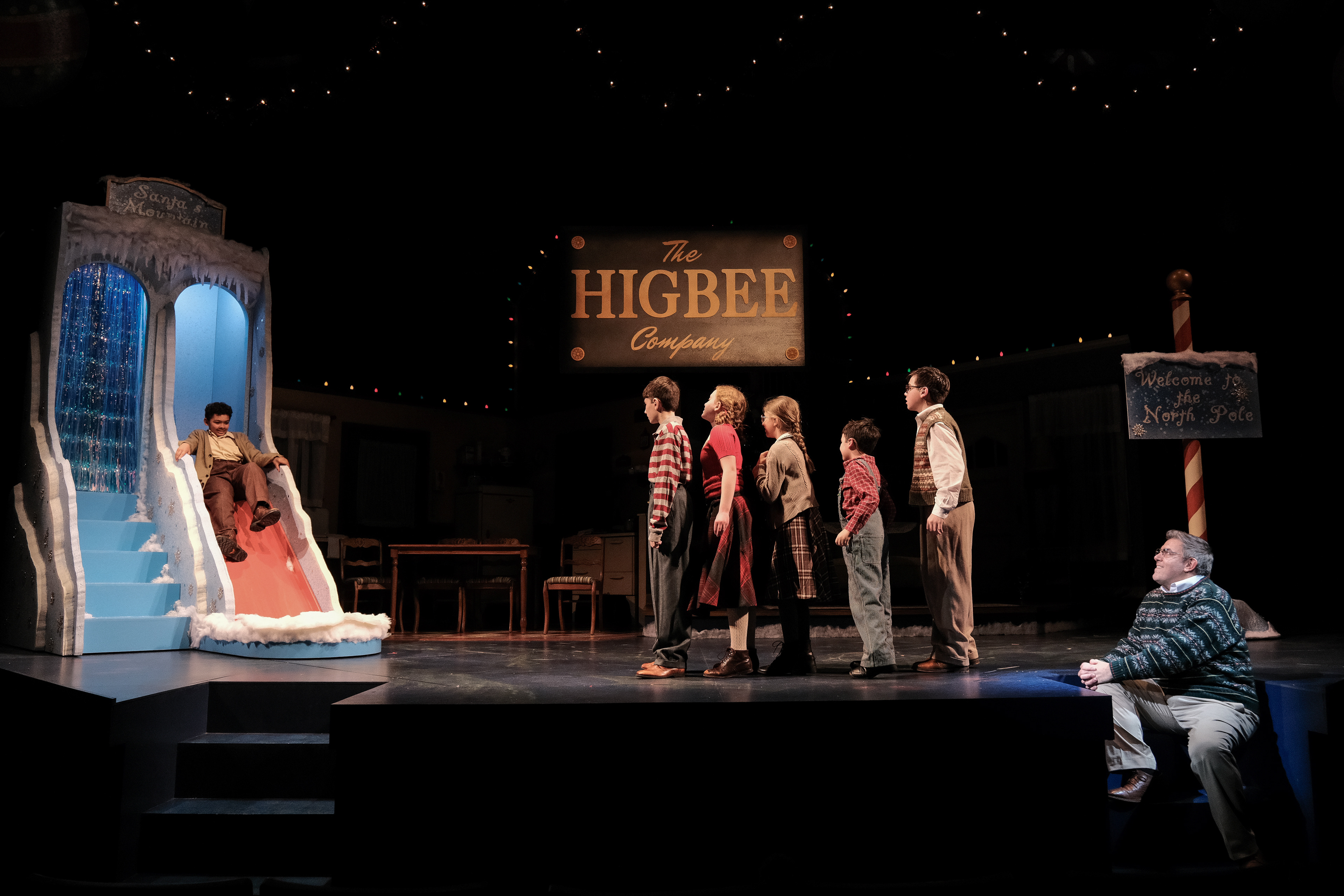 Jojo Harper-McNeal, Max Elmer, Kenley Sample, Kyla Kopko, Henry Elmer, Gavin Lamber, and Jason O'Connel in "A Christmas Story" at Syracuse Stage, Nov. 25 - Dec. 28, 2025. By Philip Grecian. Directed by Robert Hupp. Photo by Mike Davis.