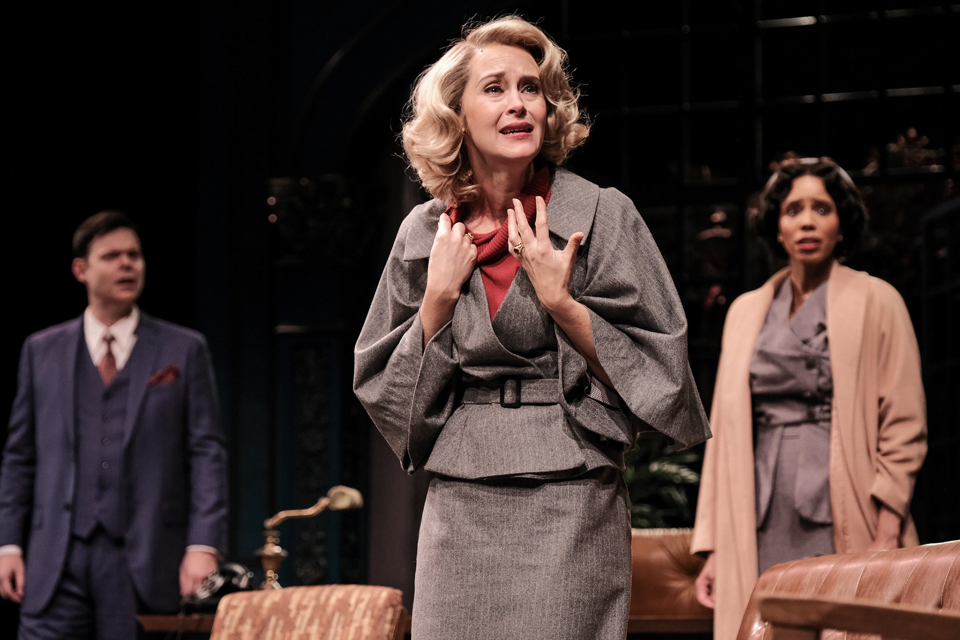Avery Clark, Christine Albright, and Krystel Lucas in "Dial M for Murder" at Syracuse Stage. October 16 - November 3, 2024.