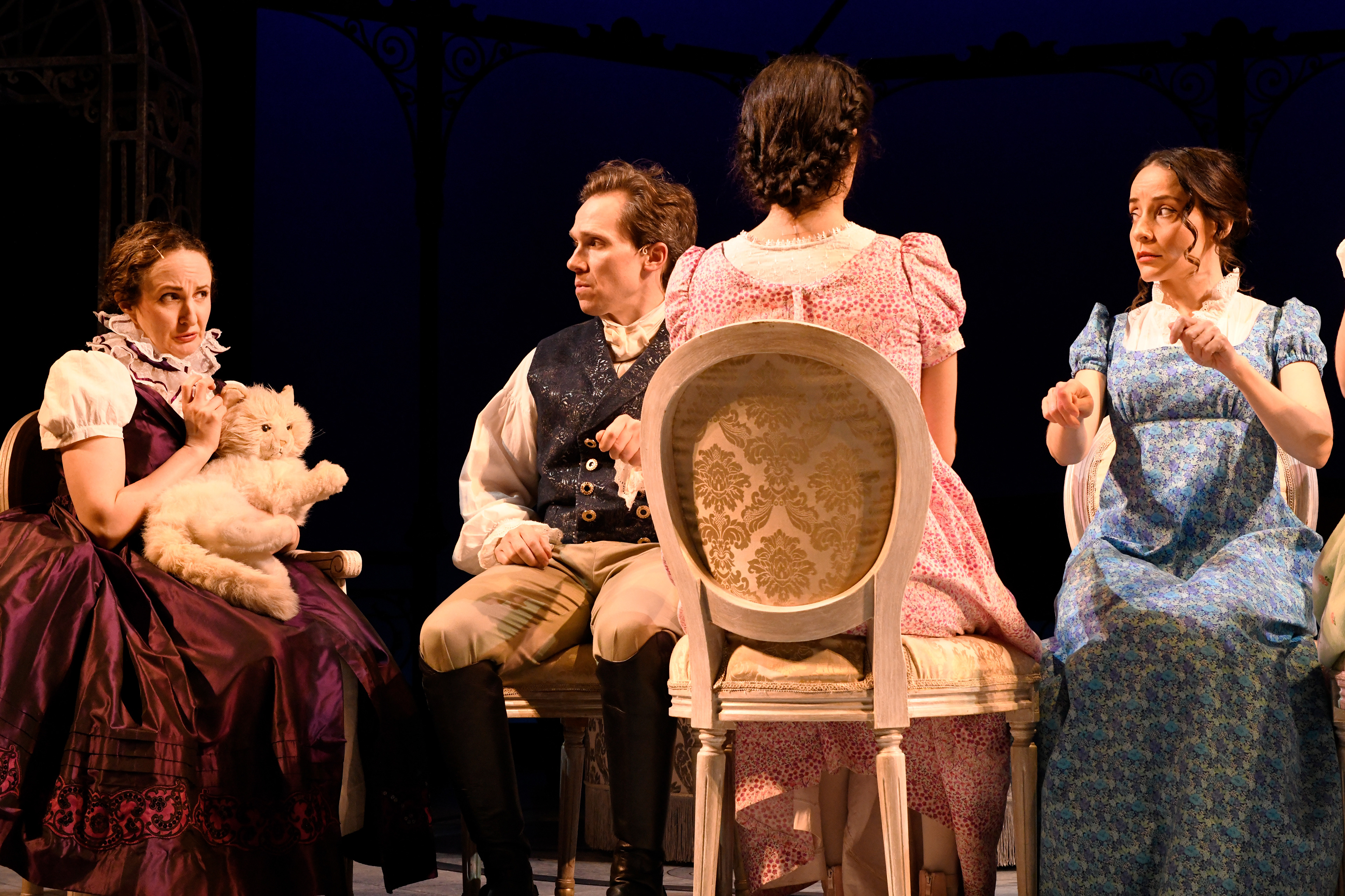 Kate Hamill, Jeff Gonzalez, Olivia AbiAssi and Jamie Ann Romero in the Syracuse Stage production of "Sense and Sensibility." April 23 - May 11, 2025.