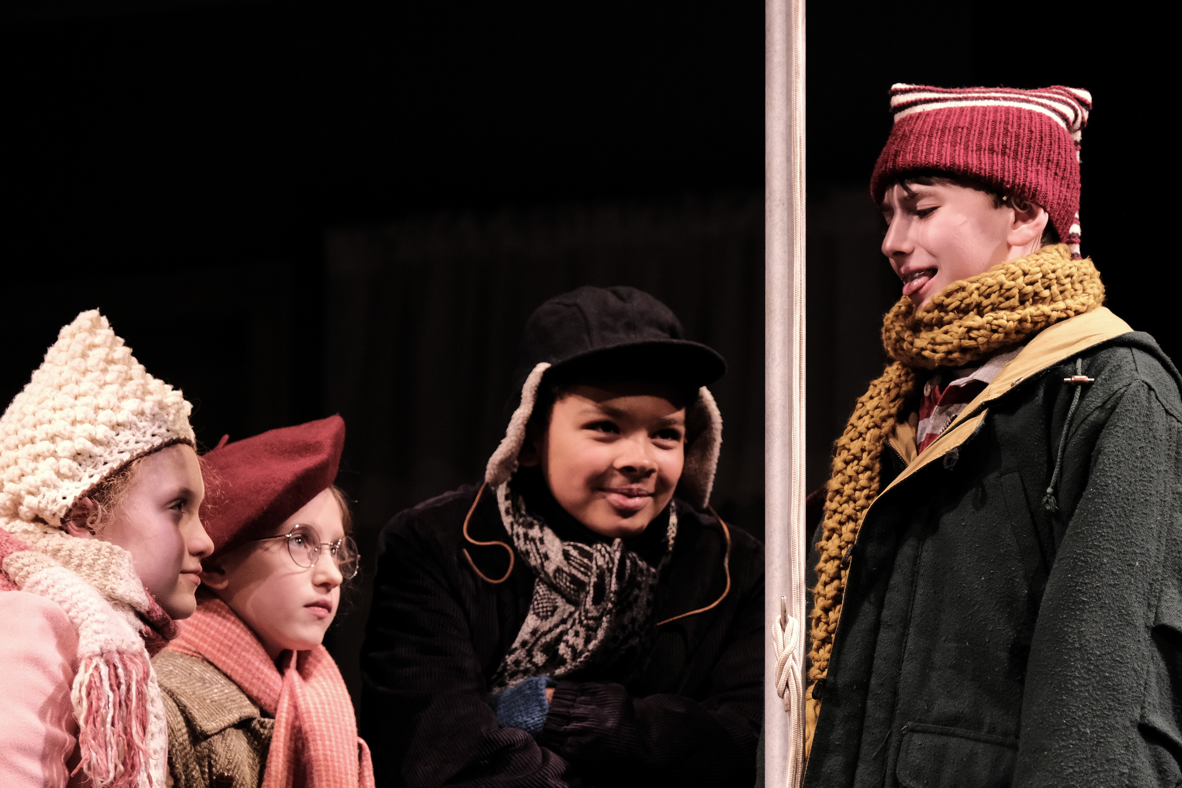 Kenley Sample, Kyla Kopko, Jojo Harper-McNeal, and Max Elmer in "A Christmas Story" at Syracuse Stage, Nov. 25 - Dec. 28, 2025. By Philip Grecian. Directed by Robert Hupp. Photo by Mike Davis.