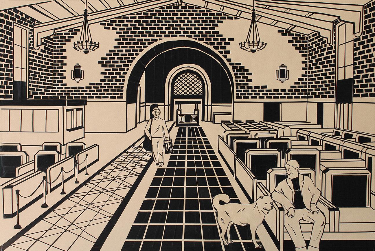 Los Angeles Union Station tape art by Chiho Harazaki