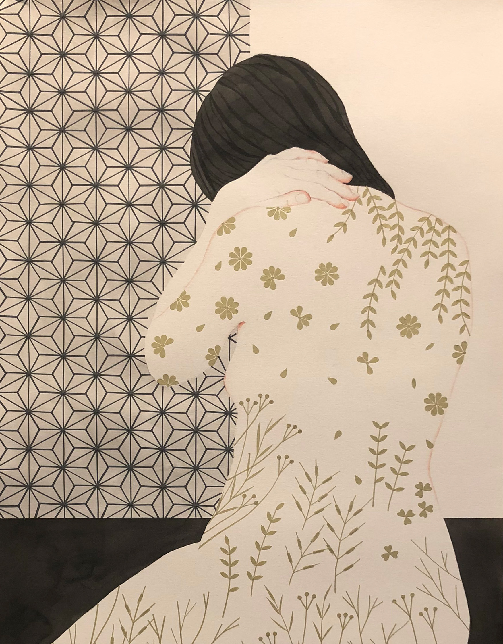 Ingrained - Wind Sumi ink, washi tape on paper 15"x22"