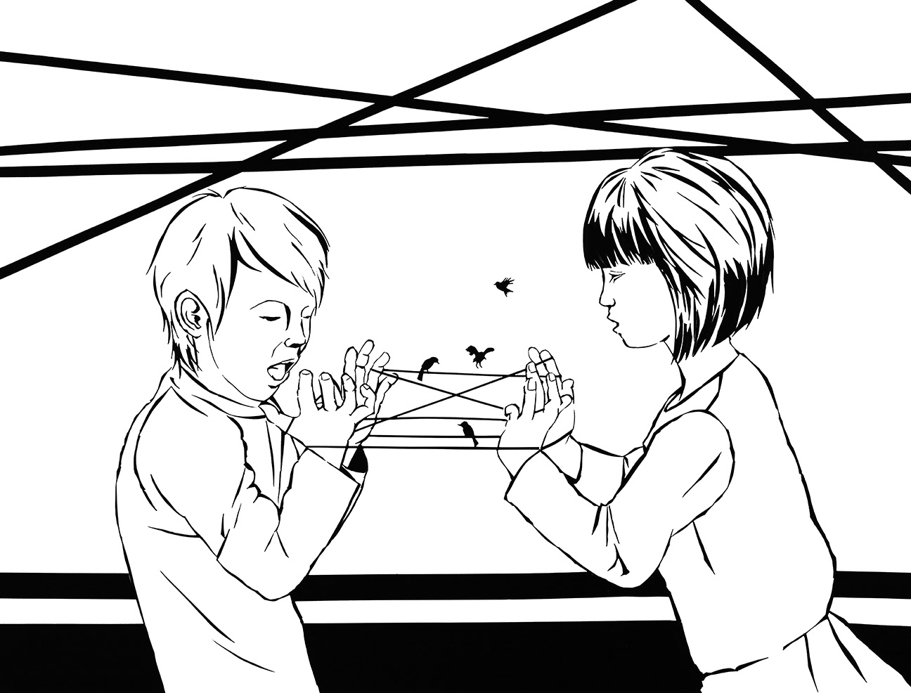 a boy and a girl playing string game with black birds