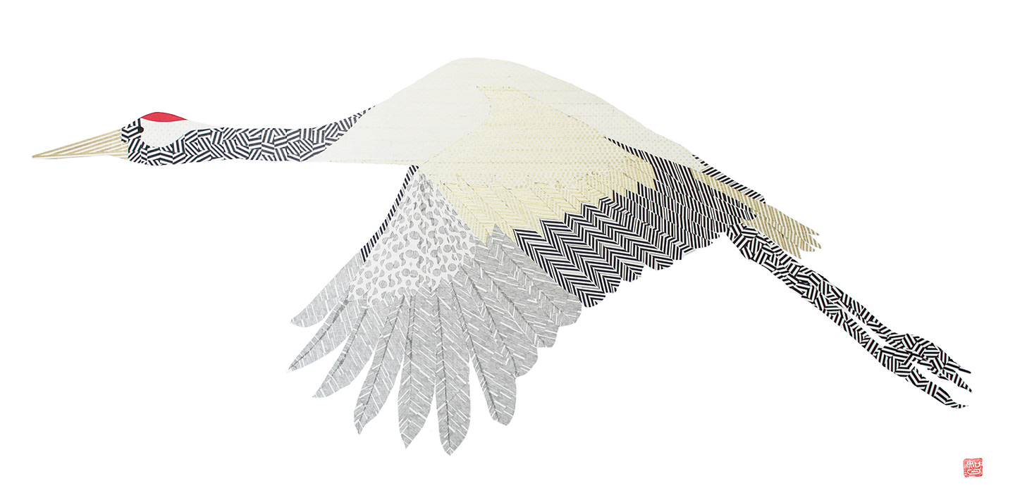 red-crowned crane with patterned washi tape