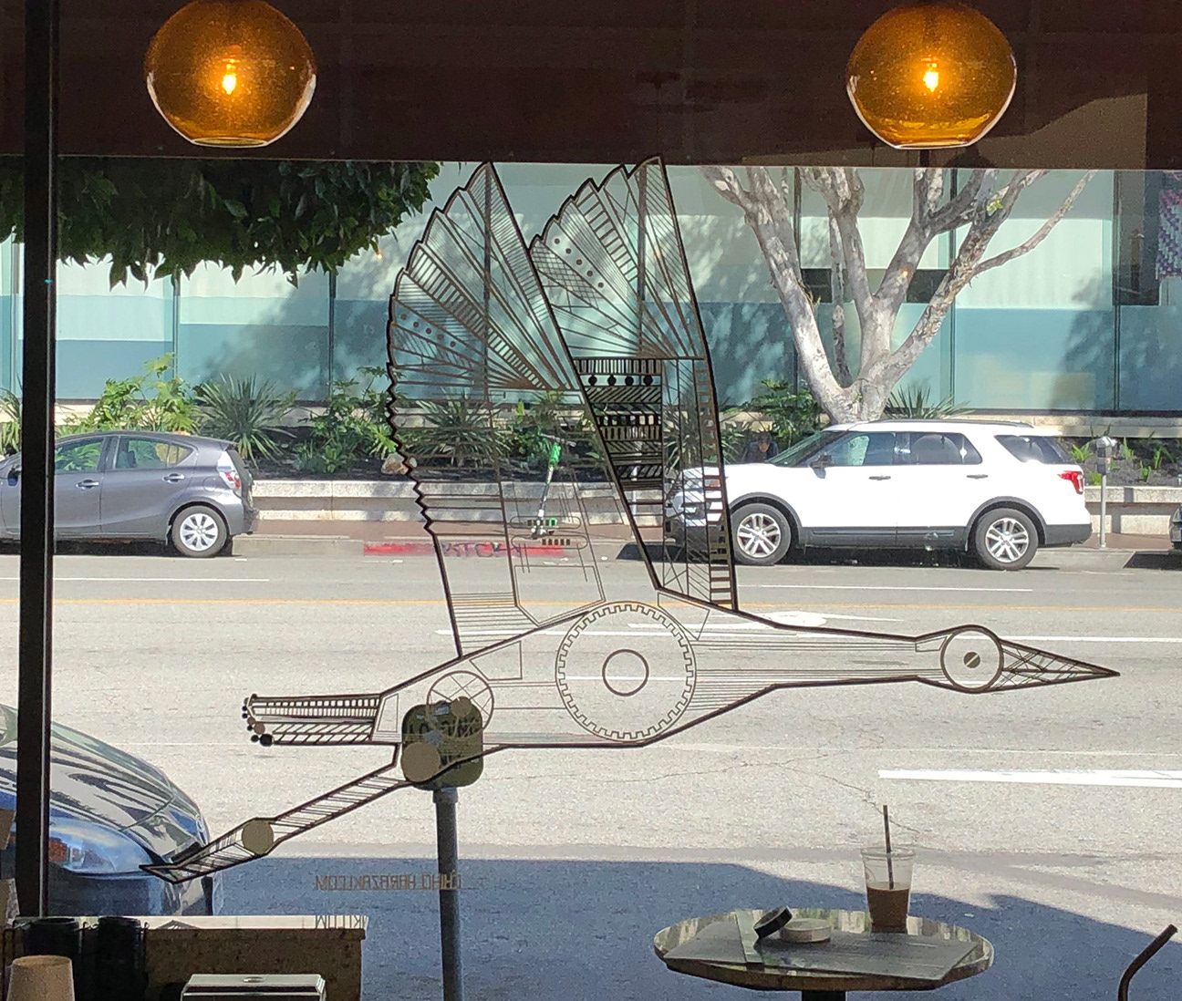Tape Art robot mecha bird crane window installation