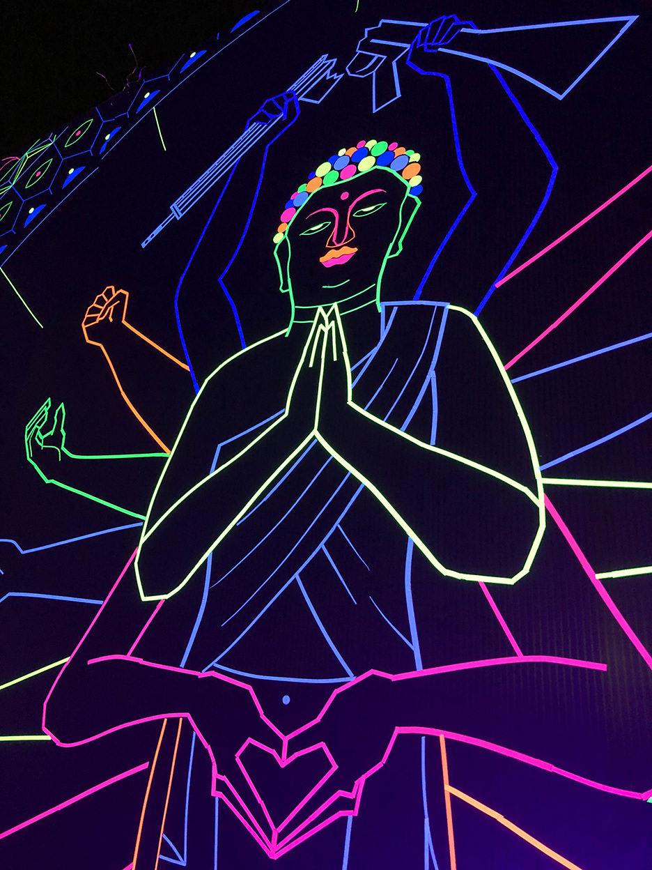 fluorescent tape and black light Buddha mandala