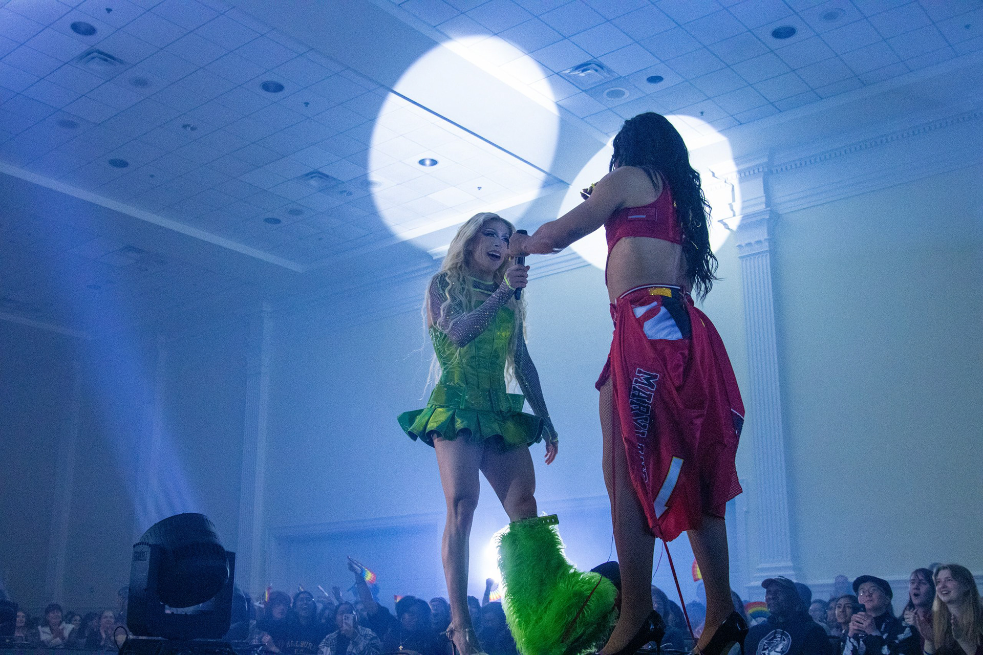 Denali Foxx and Miss Toto share the stage at SEE’s Spring Drag Show in Stamp Student Union on April 10, 2025. (Sam Cohen/The Diamondback)