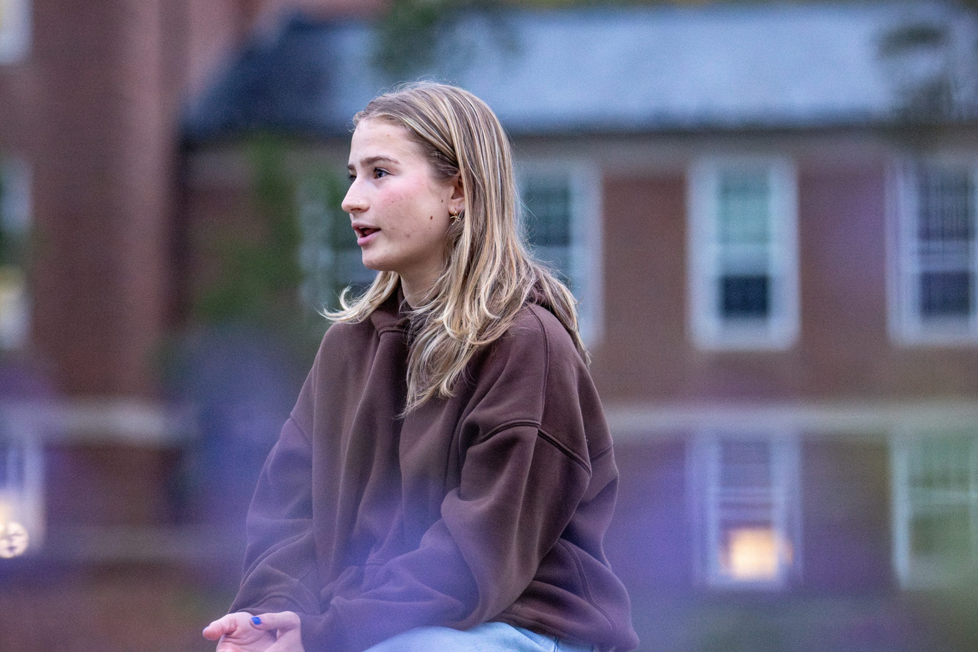 Elisheva Sukol, a junior philosophy, politics and economics major, sits by the fountain on McKeldin Mall on Sept. 30, 2024. She discusses her experience on campus as a Jewish student since Hamas’ attack on Israel on Oct. 7, 2023.