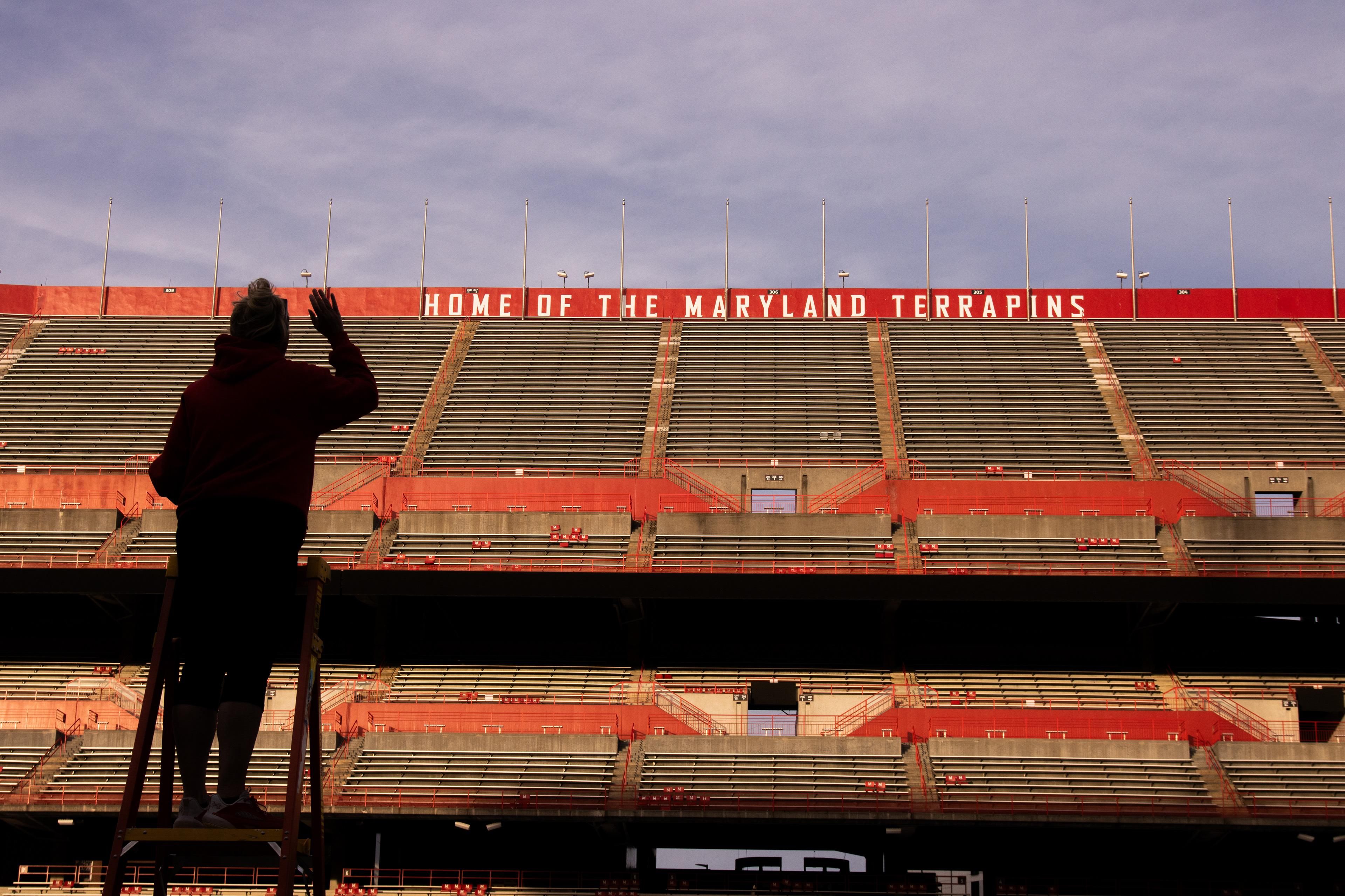 Dr. Andrea Brown, Director of the Mighty Sound of Maryland, conducts the band during rehearsal at SECU Stadium on Nov. 4, 2024.