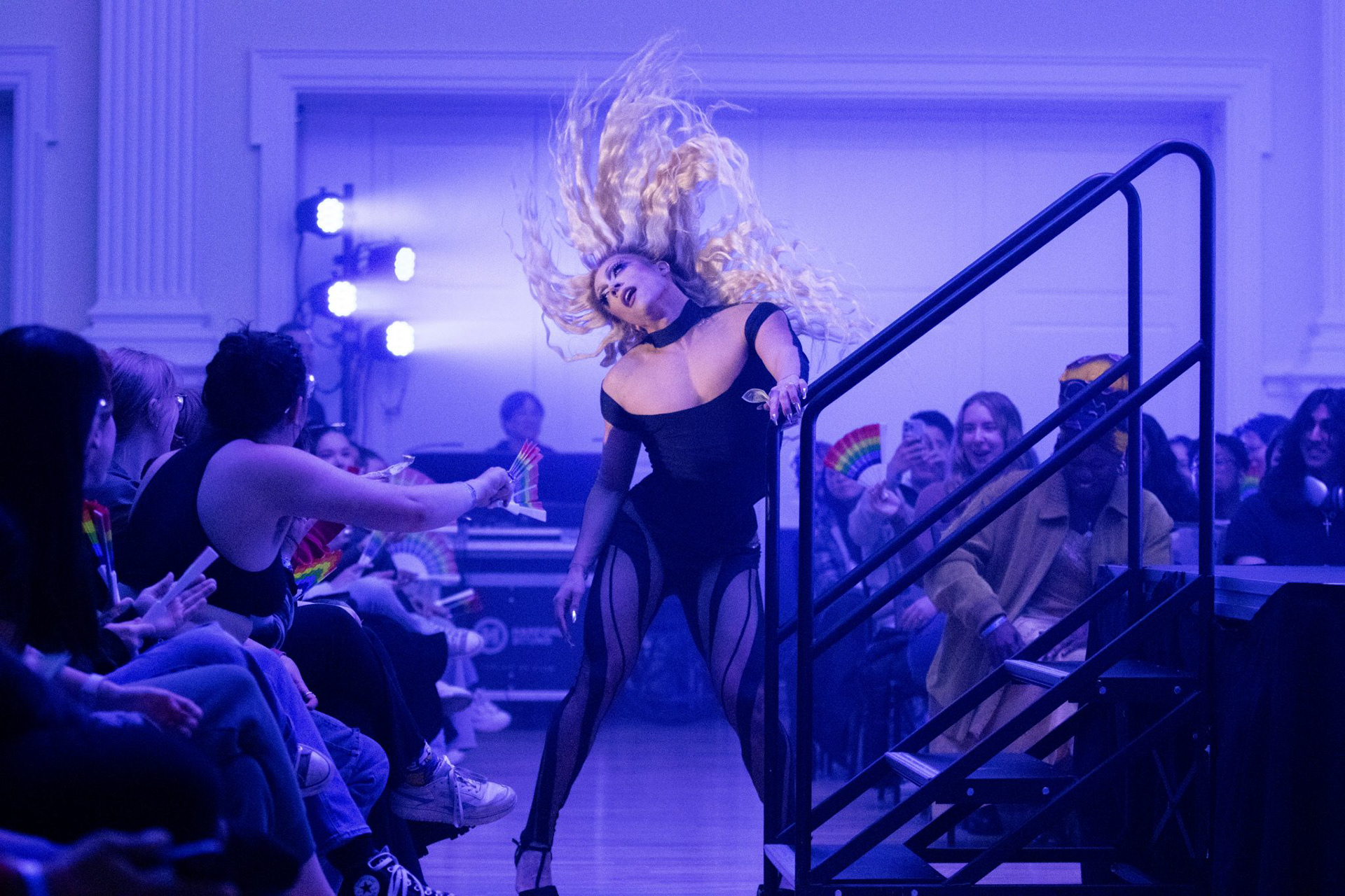 Denali Foxx’s hair flips while performing at SEE’s annual drag show on April 10, 2025 in Stamp Student Union at the University of Maryland.