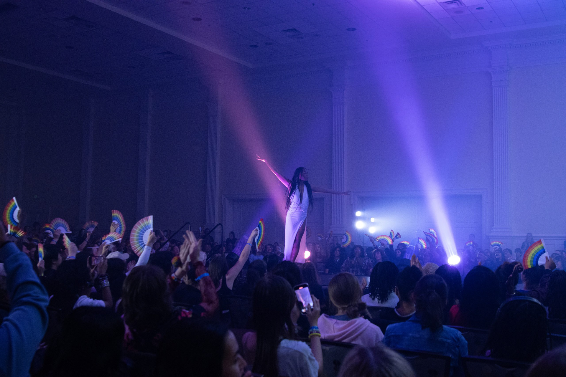 Devona Delight, a student drag performer, takes the stage at SEE’s Spring Drag Show in Stamp Student Union on April 10, 2025. (Sam Cohen/The Diamondback)