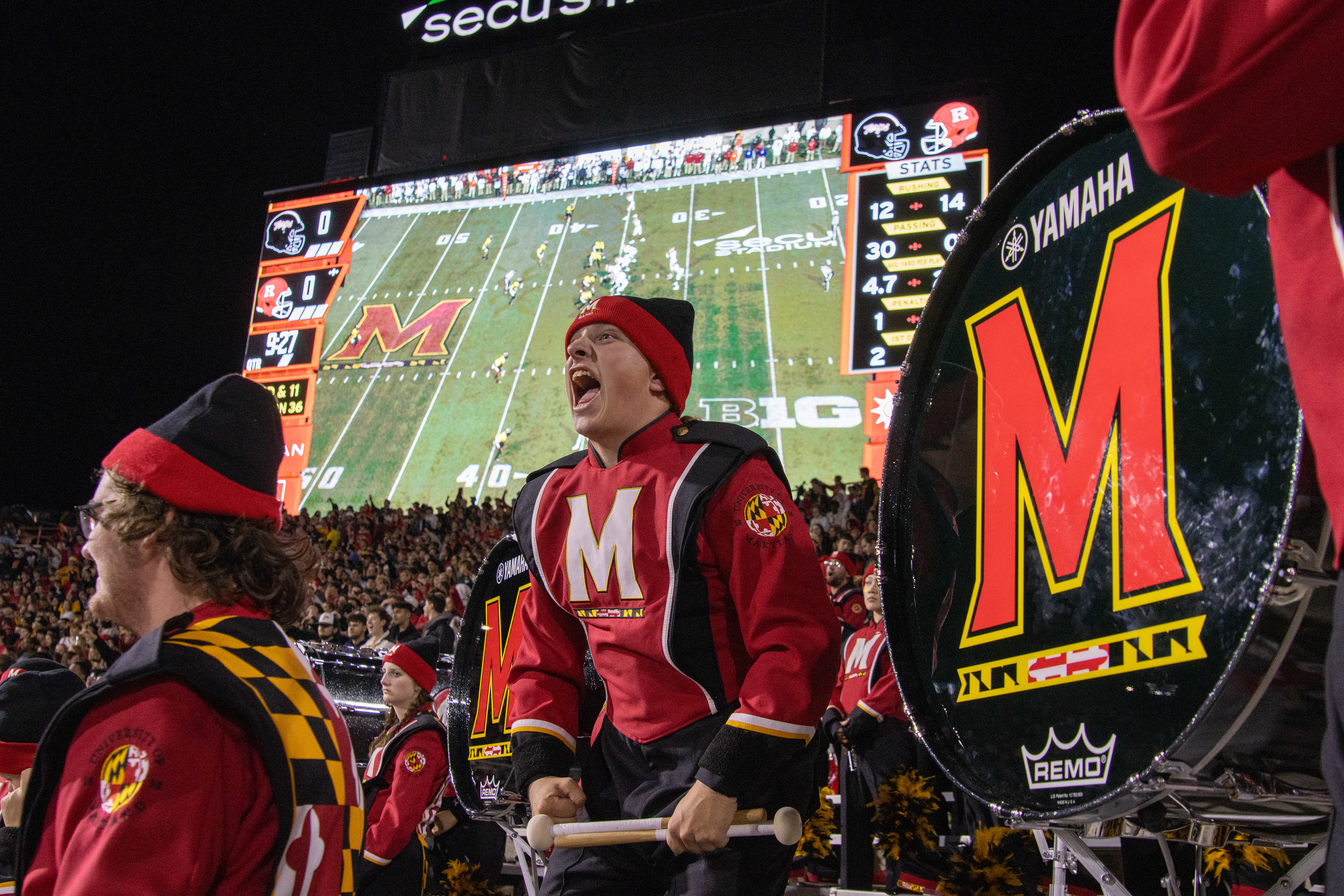 A member of the drumline yells during Maryland football's loss against Rutgers on Nov. 16, 2024. 