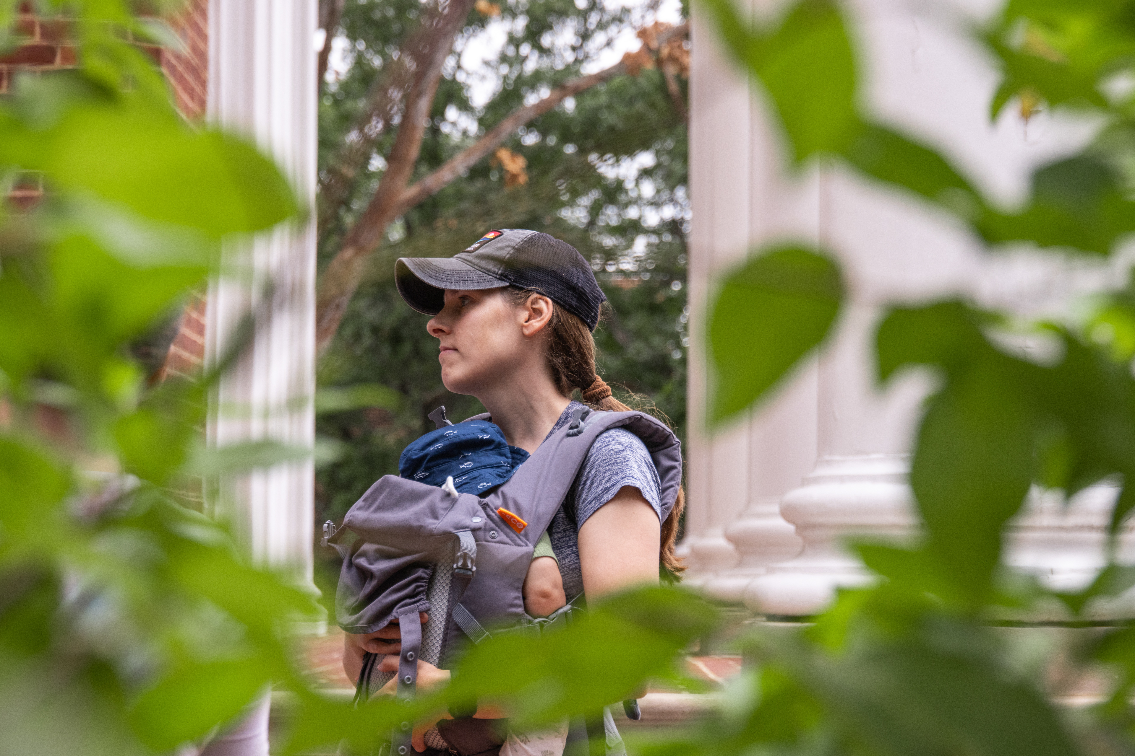 Becky Chiu holds Conrad Chiu at the University of Maryland arboretum’s Walk With an Arborist & Your Baby! event on Sept. 13, 2024.