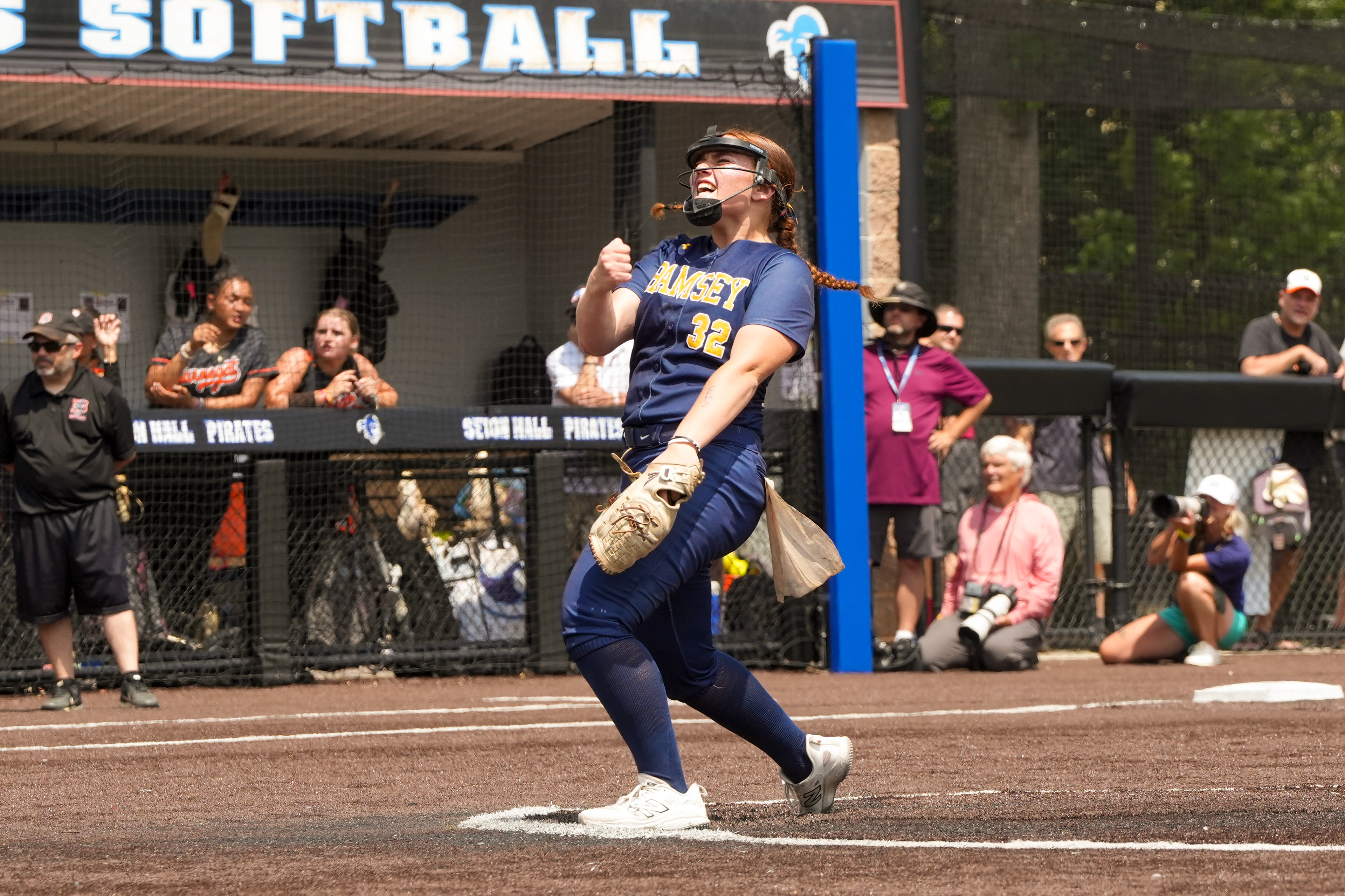 Ramsey junior Brooke Donofrio (32) cheers during Ramsey’s 8-1 win over Barnegat on Jun 12, 2026 at Ivy Hill Park in South Orange, NJ, USA.