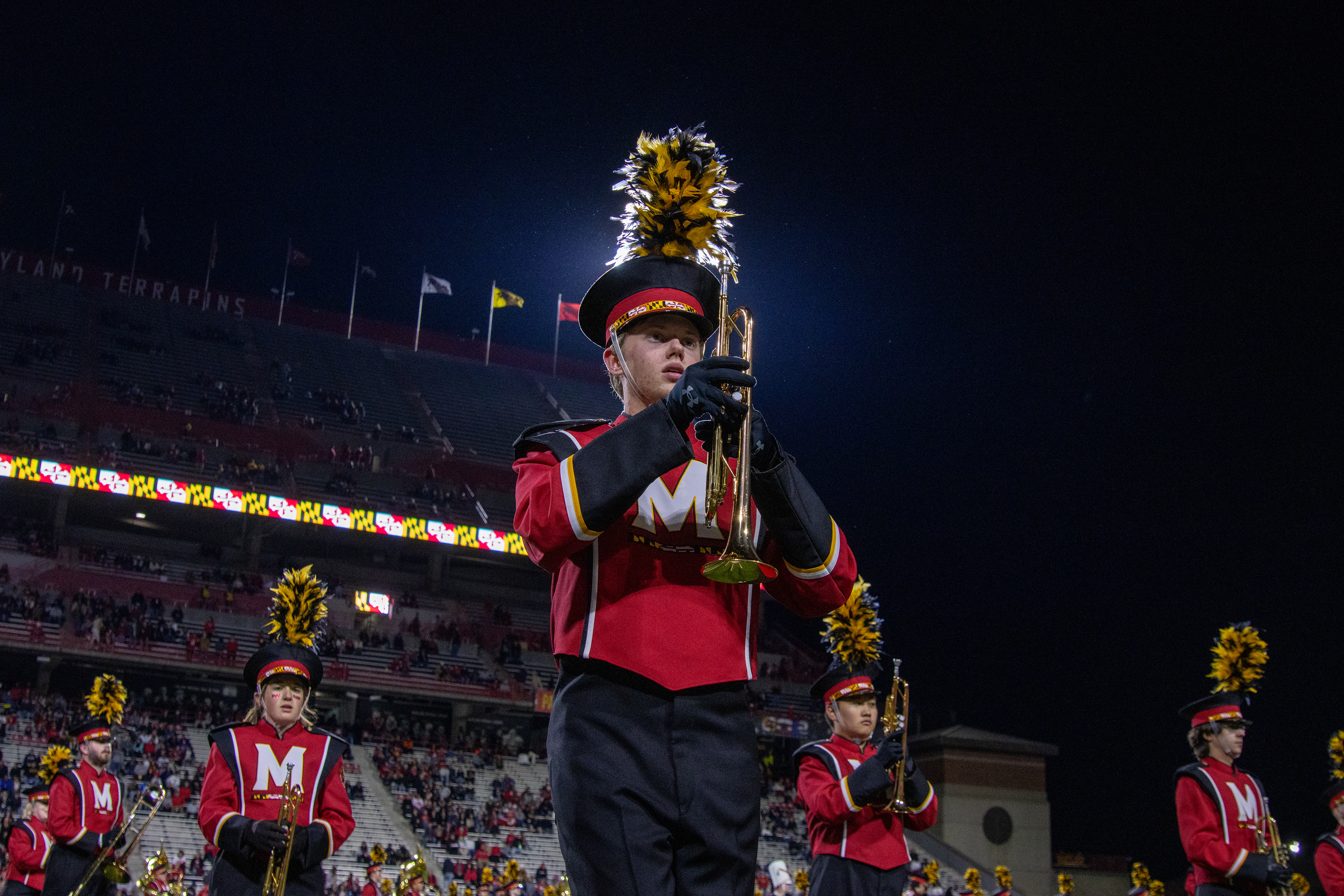 Matt Graminski prepares for the Mighty Sound of Maryland's pregame performance before the football game on Nov. 16, 2024. 