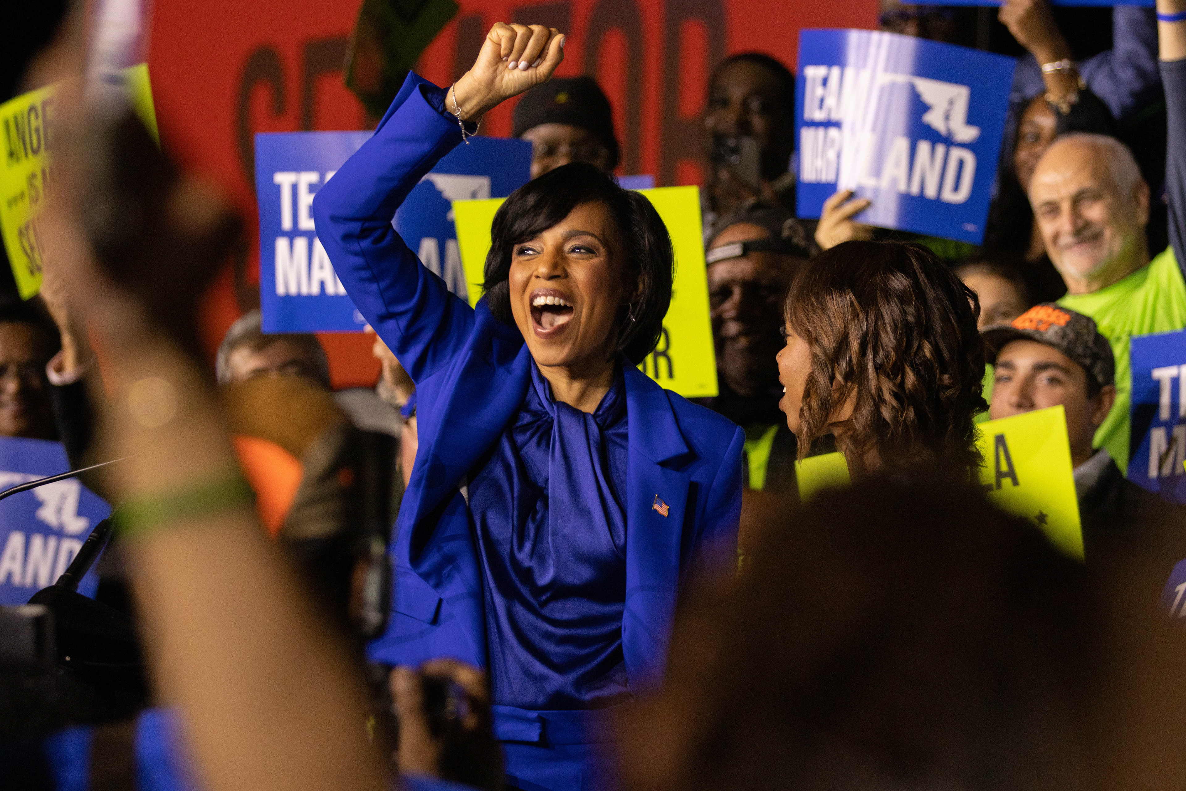 Senator-elect Angela Alsobrooks cheers to a crowd of supporters at her election night watch party at The Hotel at the University of Maryland on Tuesday, November 5, 2024 in College Park, Maryland.