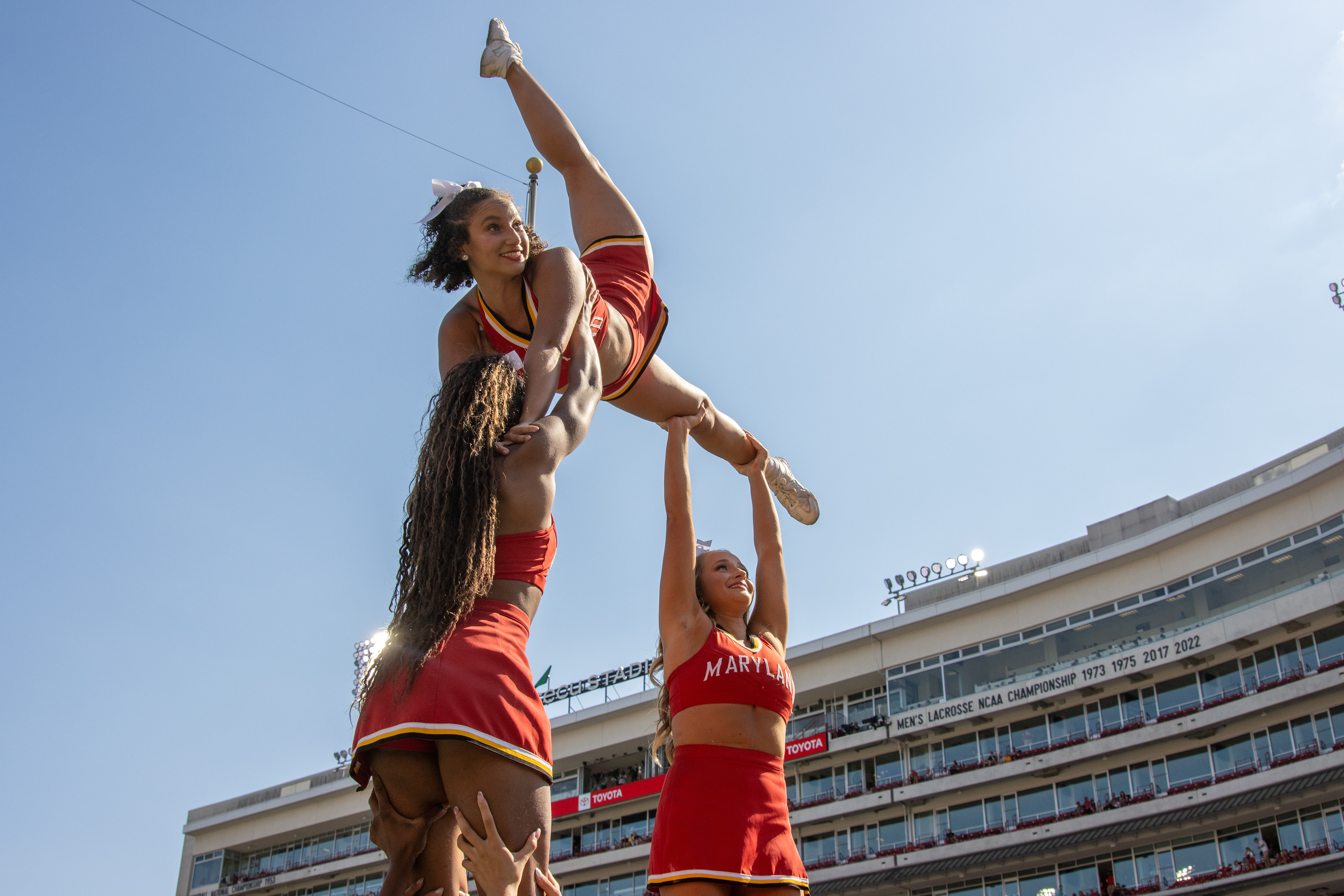 Cheerleaders perform for the crowd during Maryland football’s 44-17 win over Towson on Sept. 13, 2025. 