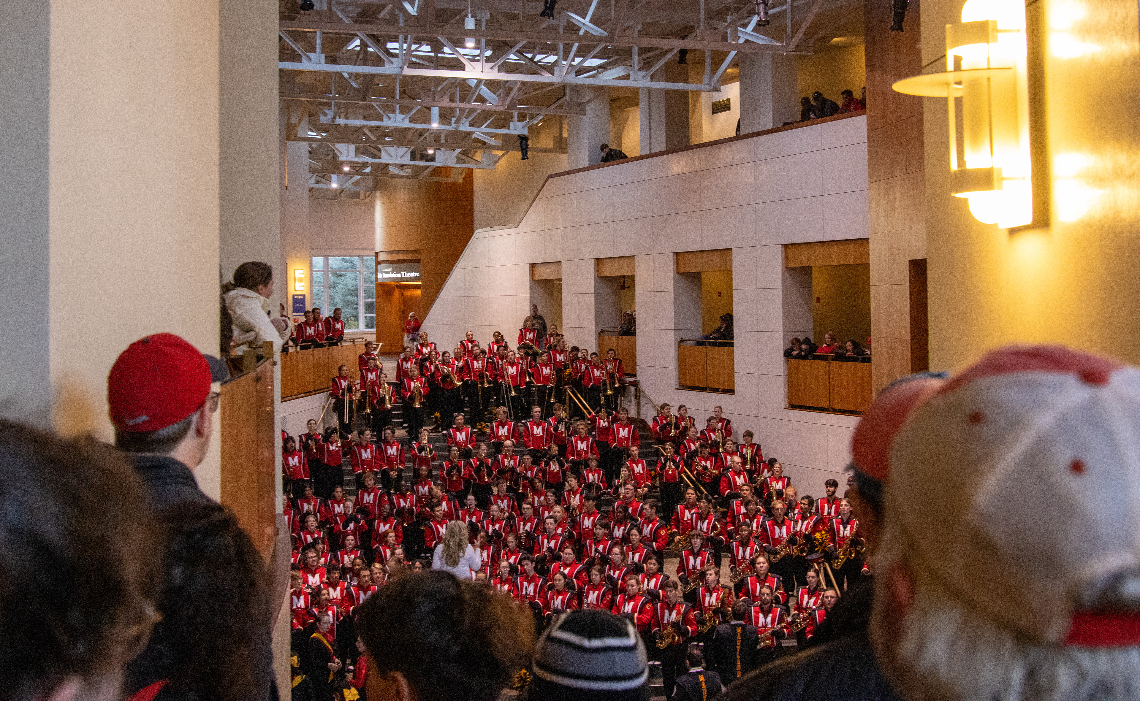 The Mighty Sound of Maryland sings through their halftime show inside of the Clarice Smith Performing Arts Center prior to the football game on Nov. 16, 2024. Rather than playing through the show with their instruments, the band sings their parts for one last rehearsal. 