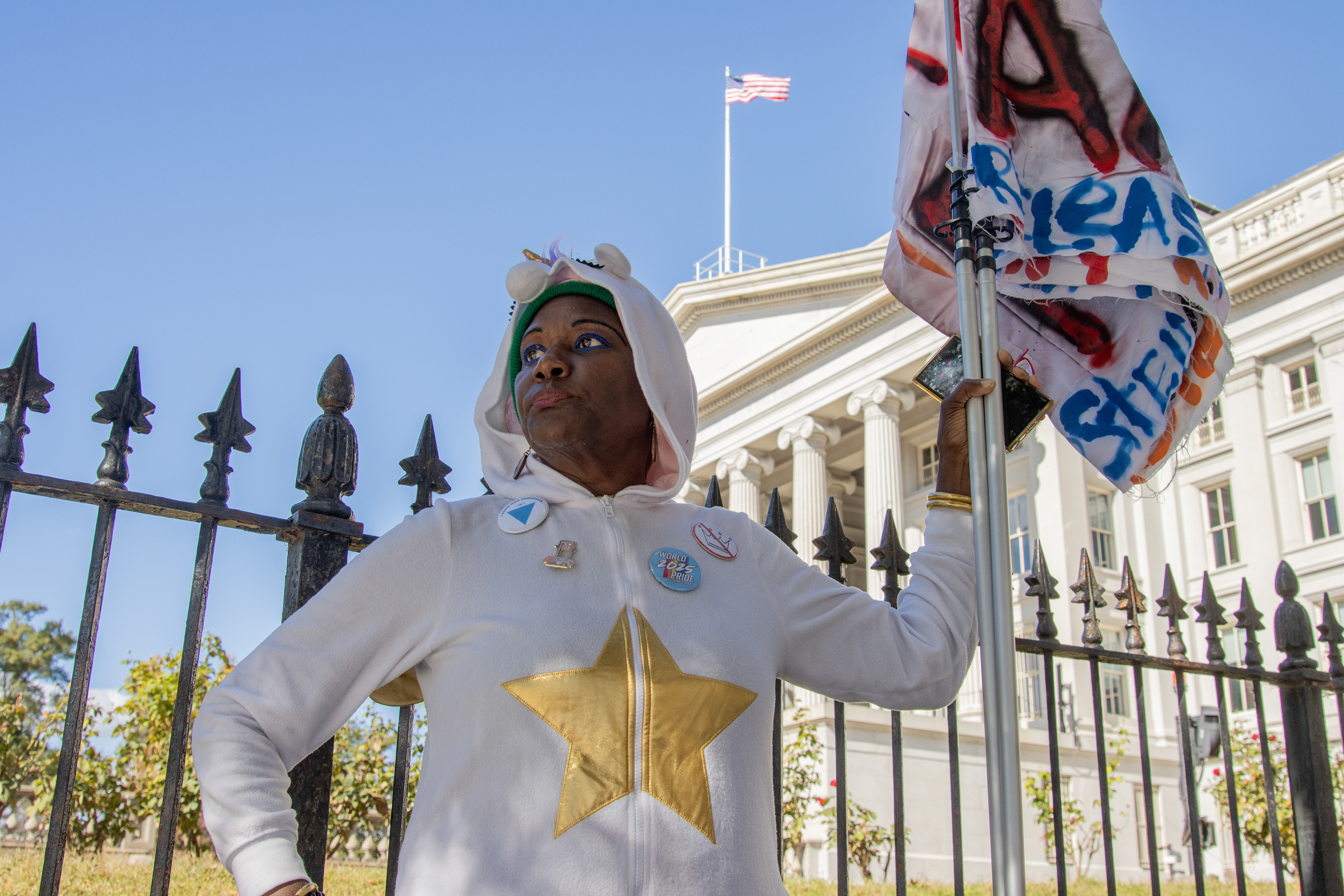 Nadine Seiler, a Waldorf Maryland resident and activist, poses for a photo near the U.S. Treasury Department on Oct. 22, 2025.