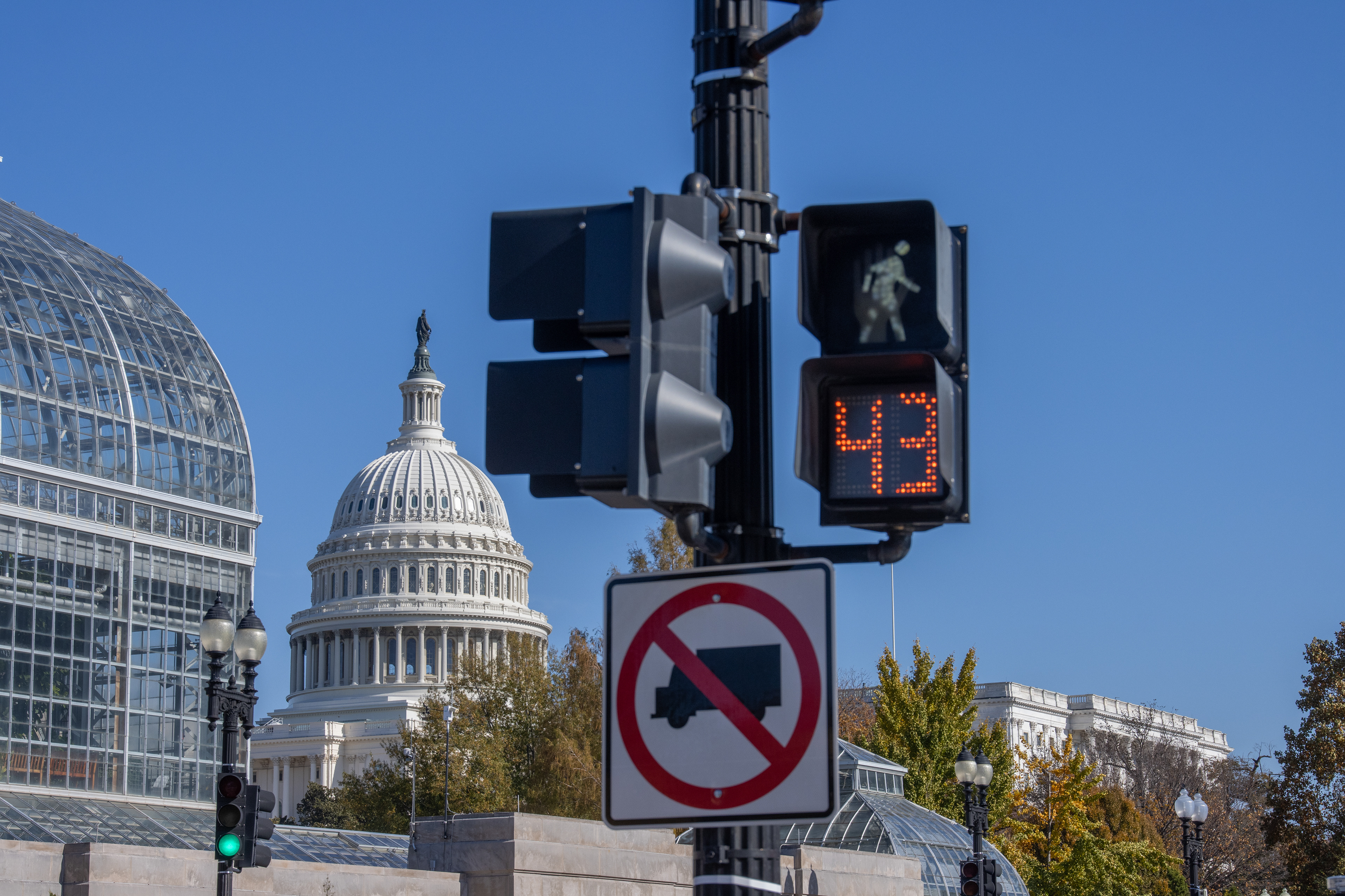 WASHINGTON - A crosswalk on Independence Ave displays the number 43 on Nov. 12, 2025. Wednesday marks day 43 of the federal government shutdown.