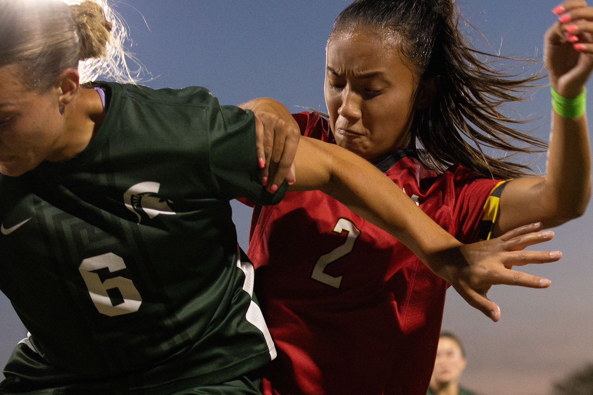 Remini Tillotson and Ava Morales fight for the ball during Maryland's 0-5 loss to Michigan State on Sept. 12, 2024.
