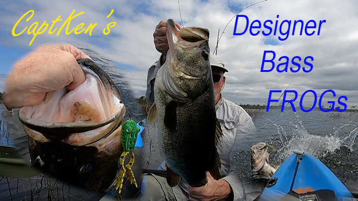 Collage blend of monster bass being held in the center of image and another vision of the huge bass being held by the jaw with a cavernous open mouth and beautiful Green Frog Lure hanging from its jaw. On the far right side is a video capture of the same bass busting through the surface with a giant splash just in front of the bow of a blue kayak. 