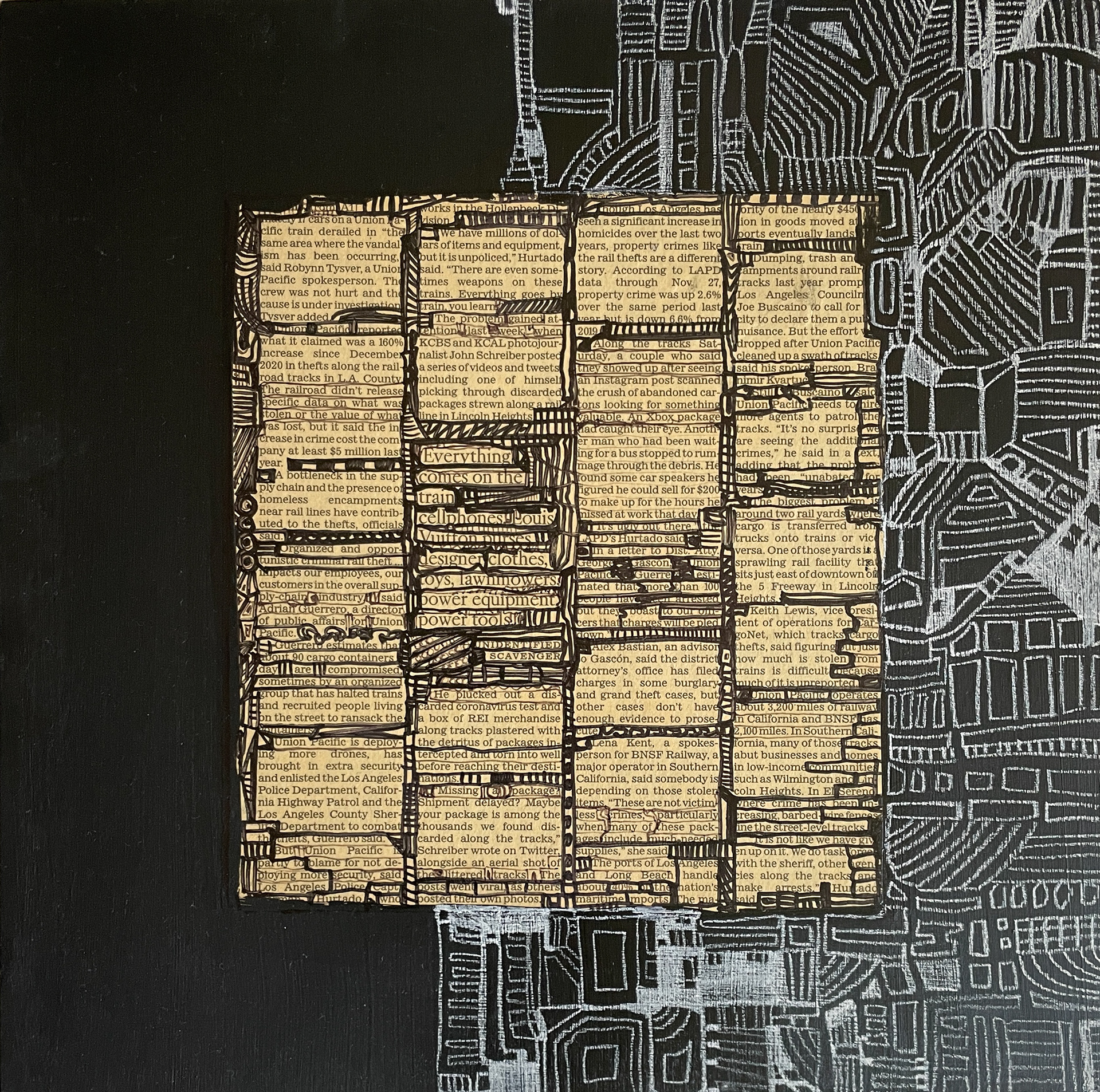 Everything Comes on the Train, 12"x12 mixed media 