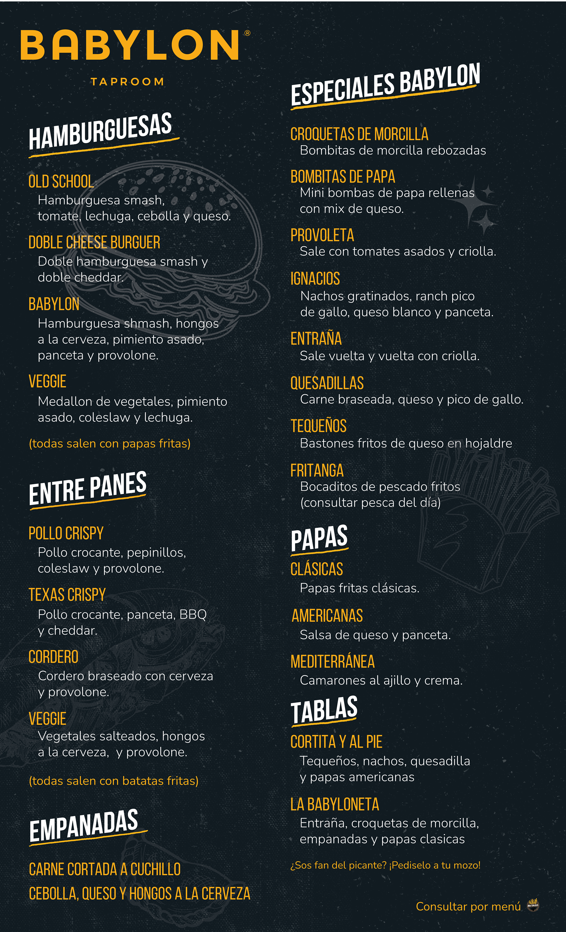 Carta de comidas para Babylon Taproom