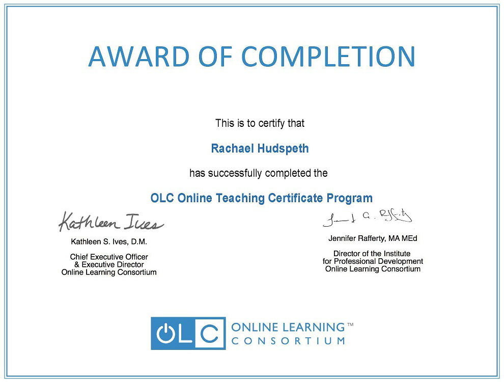 OLC Online Teaching Certificate awarded to Rachael Hudspeth
