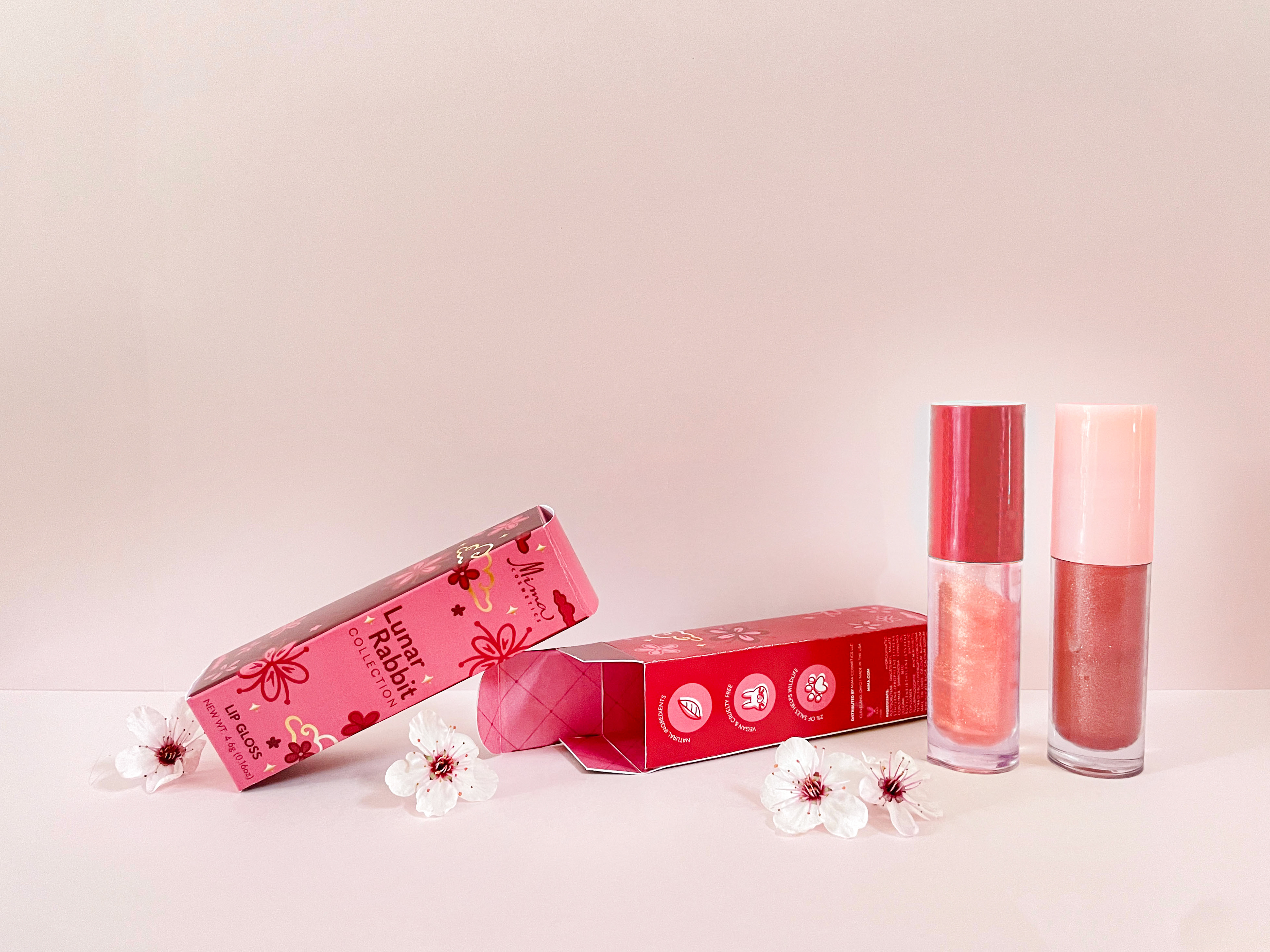 Lip Gloss packaging featuring shades "Crvena Vatra" and "Bashful Bunny"