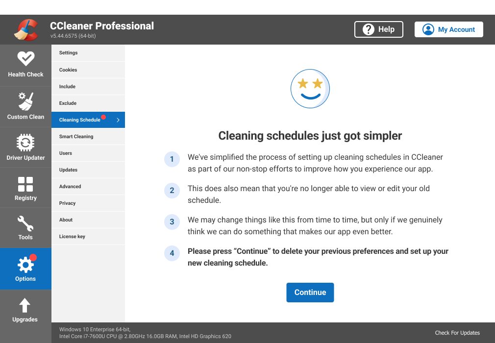 Screen for legacy users explaining that the original schedule may not be viewable or editable under the new feature