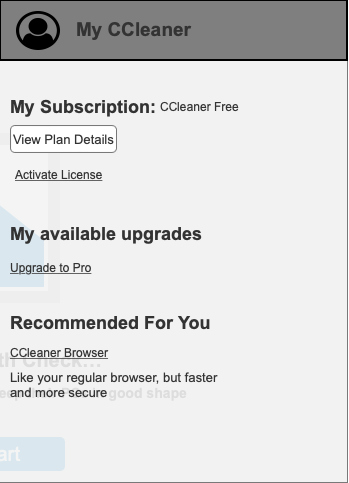 Image of CCleaner Free Homepage with the 3rd iteration of Account Manager