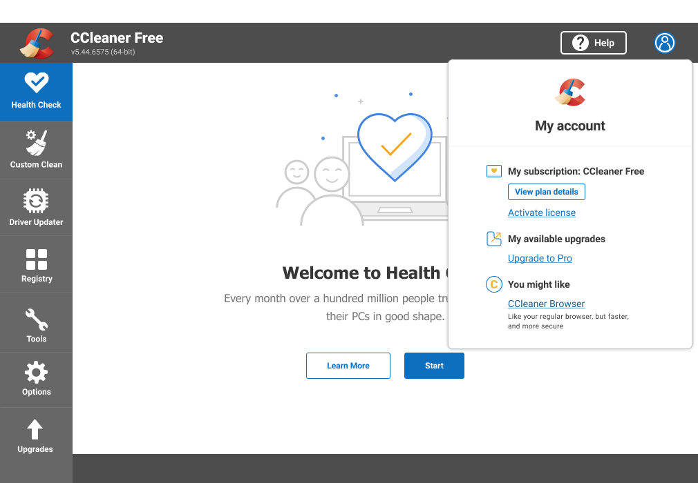 Image of CCleaner Free home screen with the Account Manager open displaying links to areas within the app