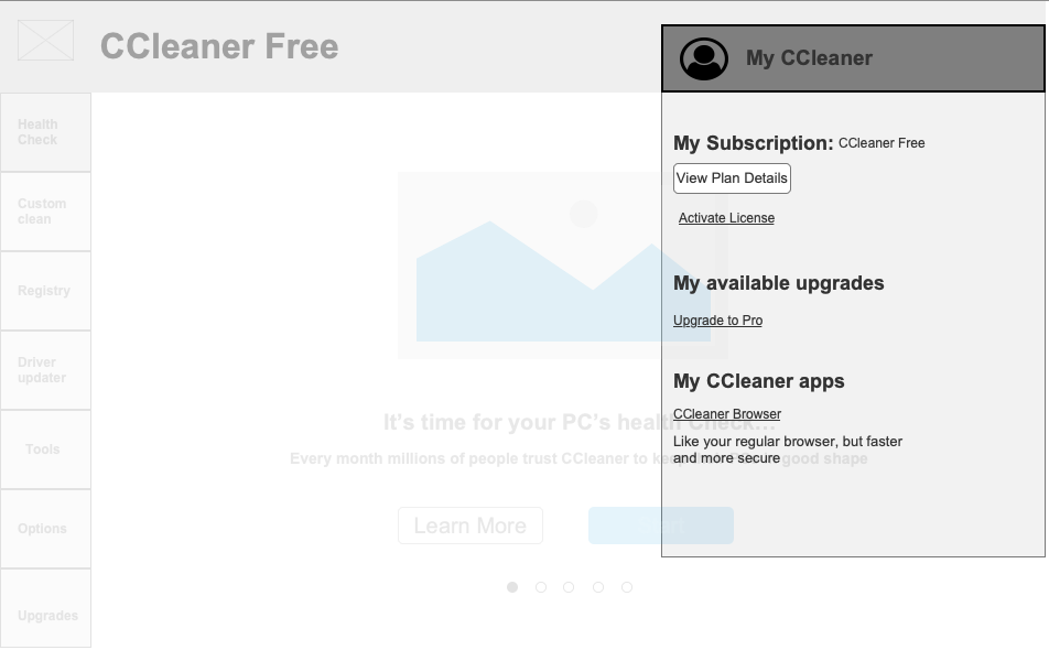 Image of CCleaner Free Homepage with the 3rd iteration of Account Manager