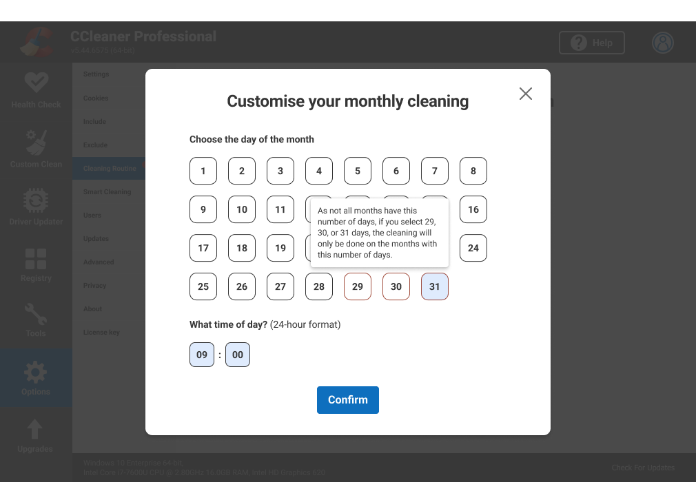 Screen to customise your monthly cleaning