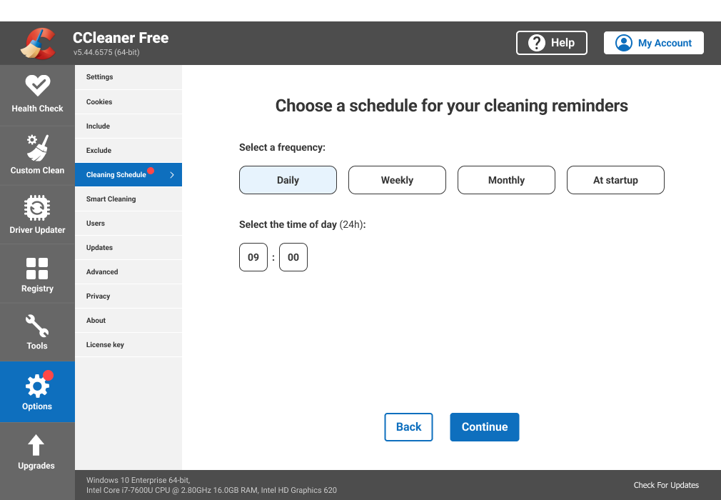 Final design Cleaning reminders screen to choose frequency and time