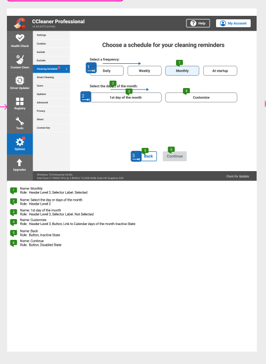 Bluelines annotation of the cleaning reminders screen where user can select frequency and day of the month