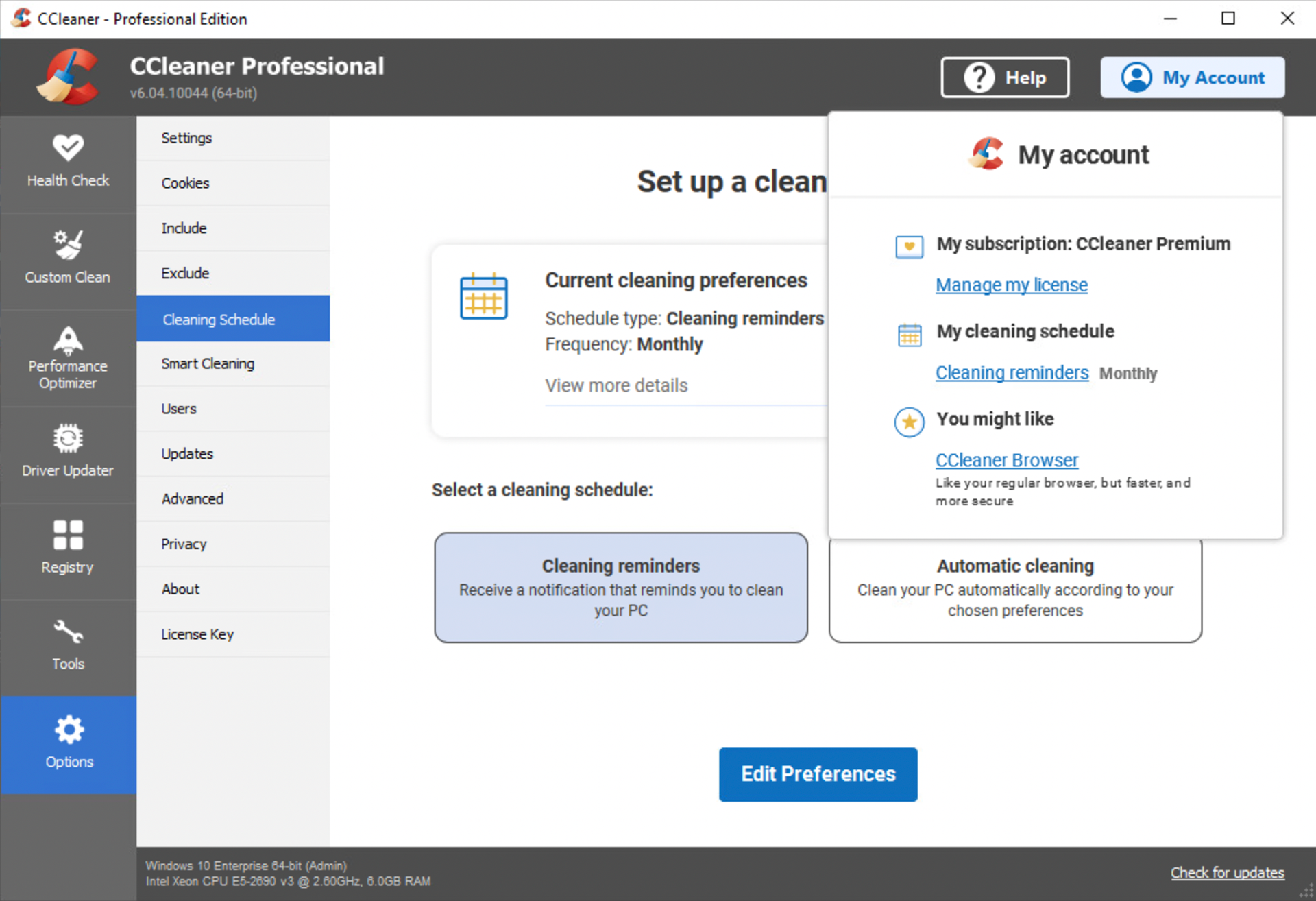 Screenshot of feature homepage with the Account Manager feature open and displaying links to other areas of the app including the cleaning schedule.