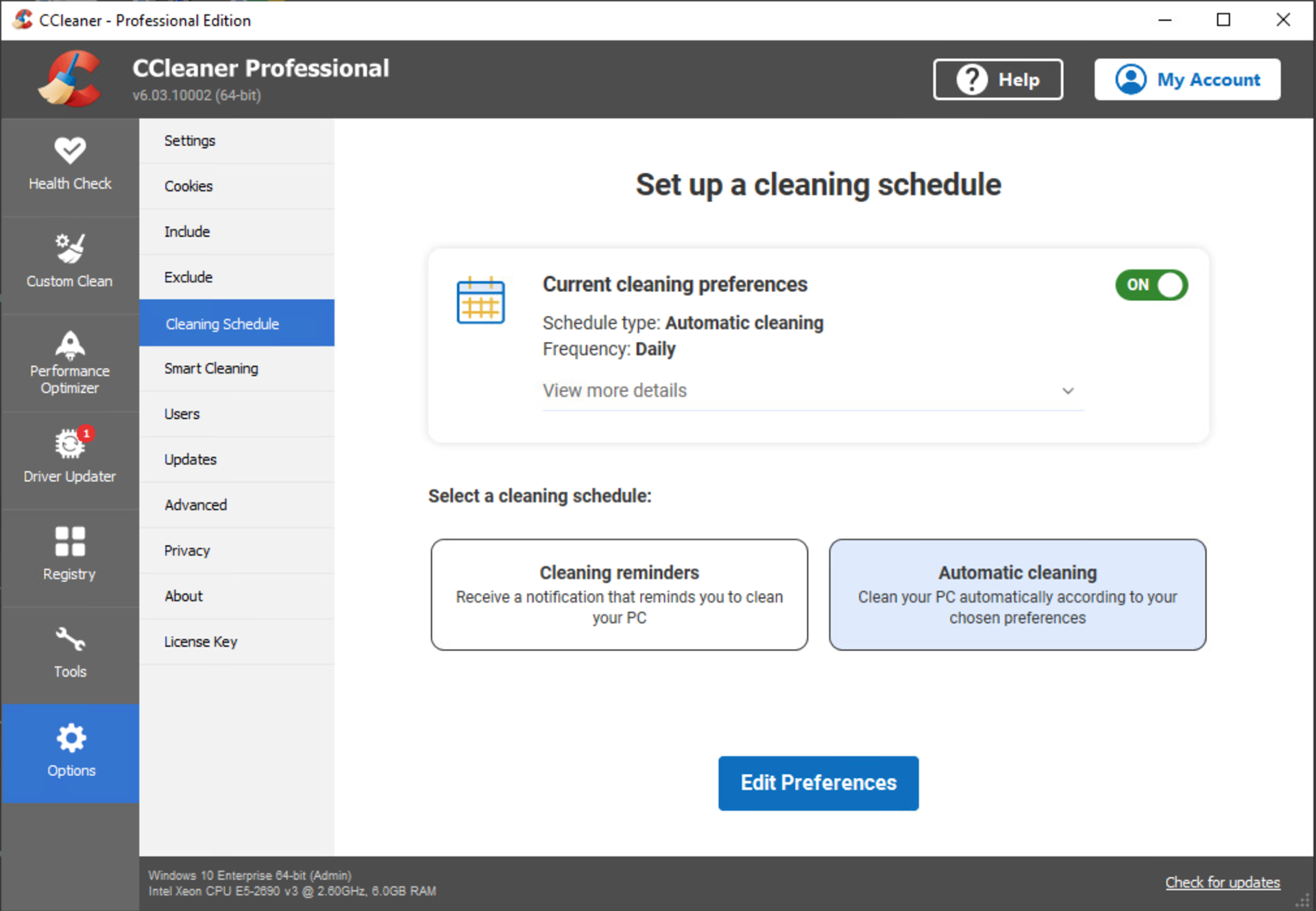 Screenshot of the CCleaner Professional view of the Cleaning Schedule feature