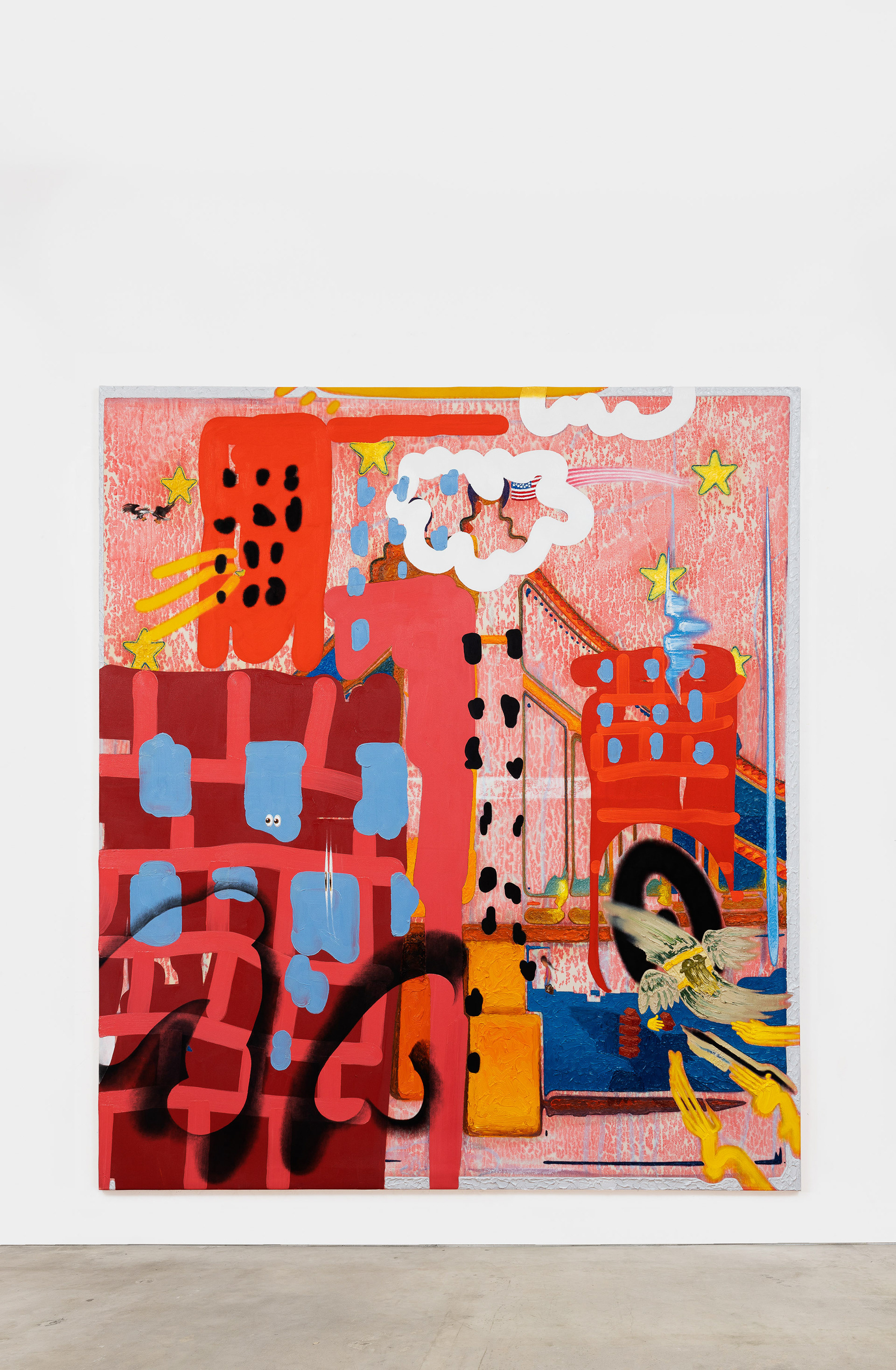 "#🧱(#bricks), mirage-print and oil on canvas, 230 x 200 cm, 2k22