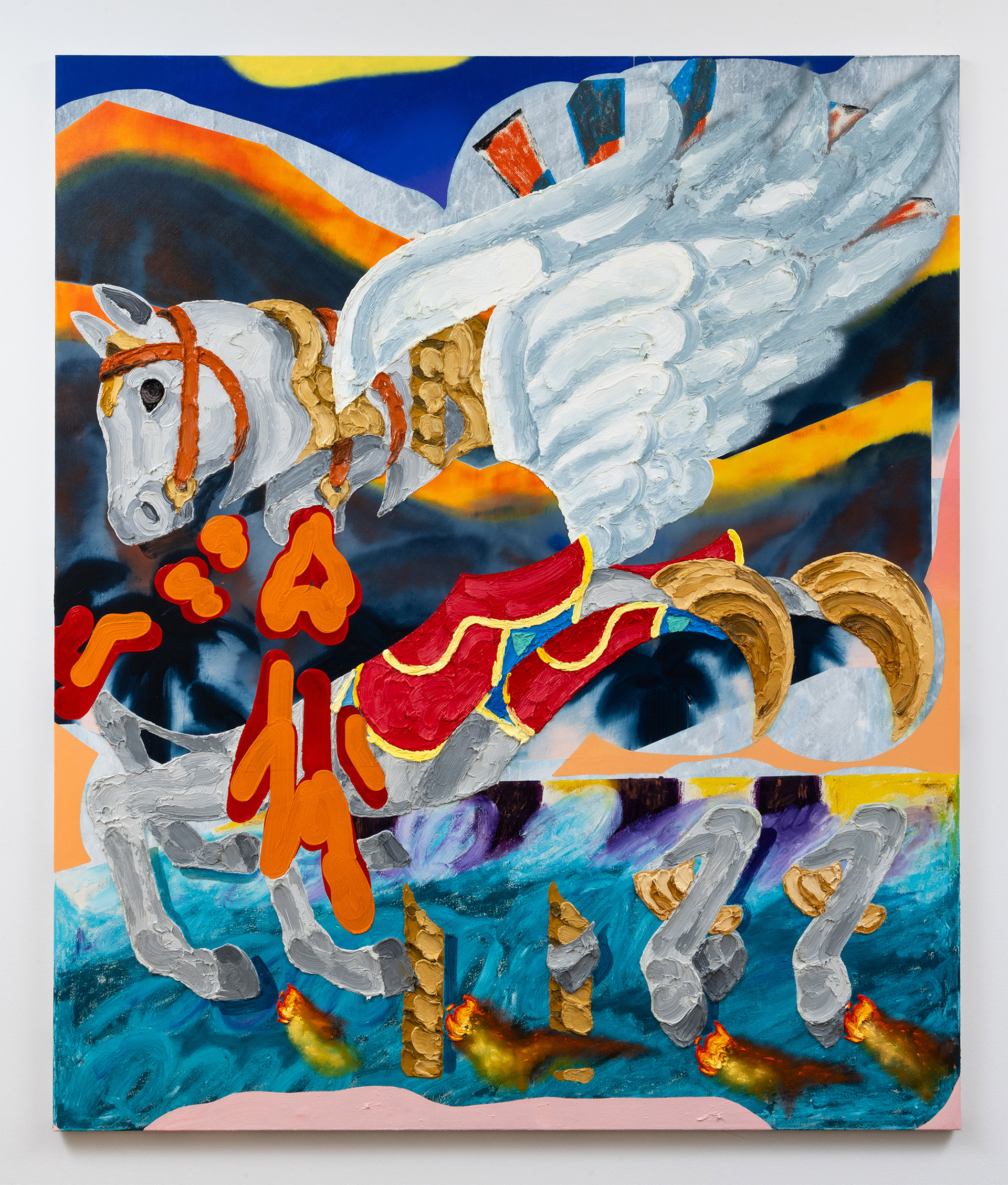 "#🎠🪽🔥(#Pegasus)", oil and oil stick on canvas, 190 x 160 cm, 2024-25