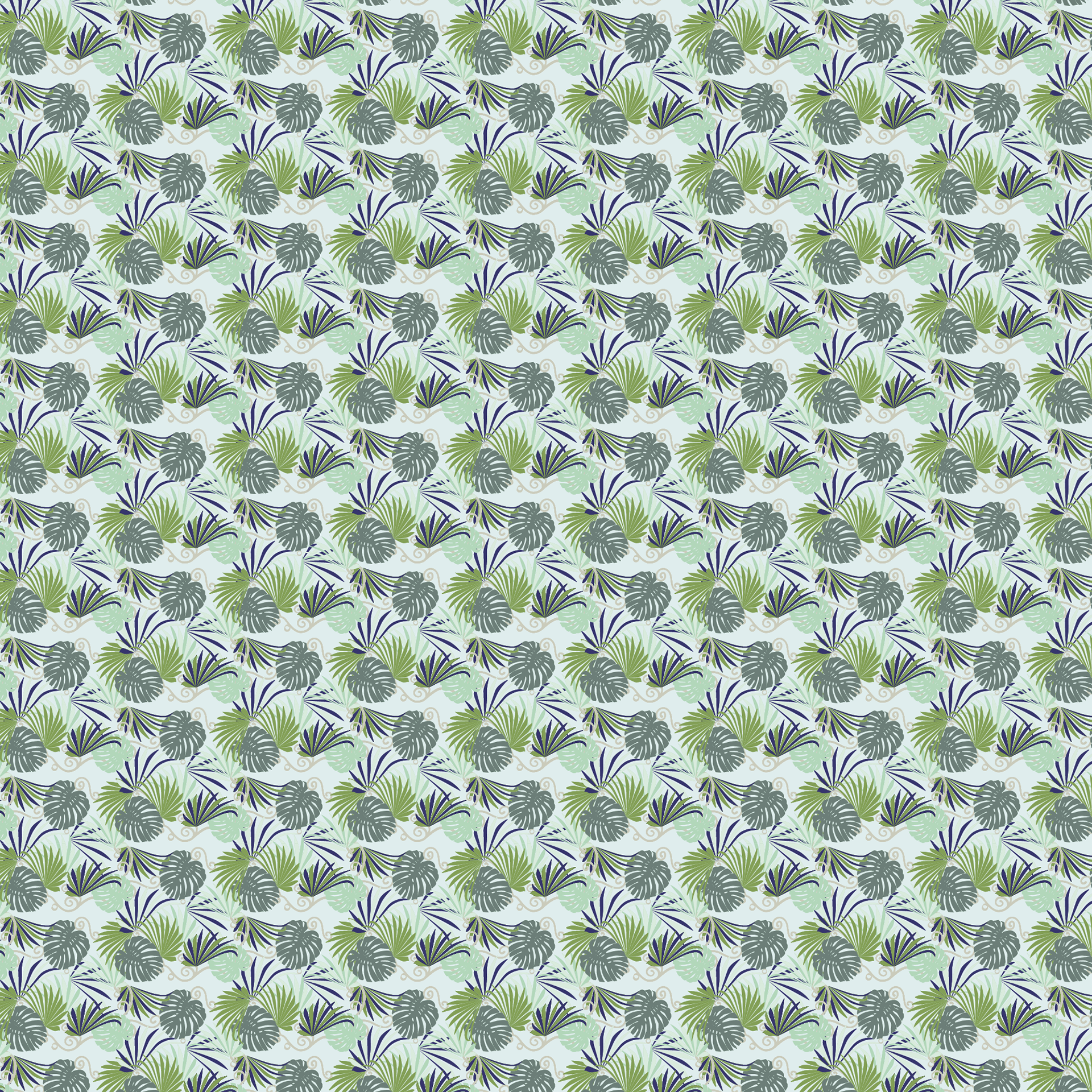 Stylised pattern in shades of green and blue– green monstera leaves, palm leaves and decorative twists and lines