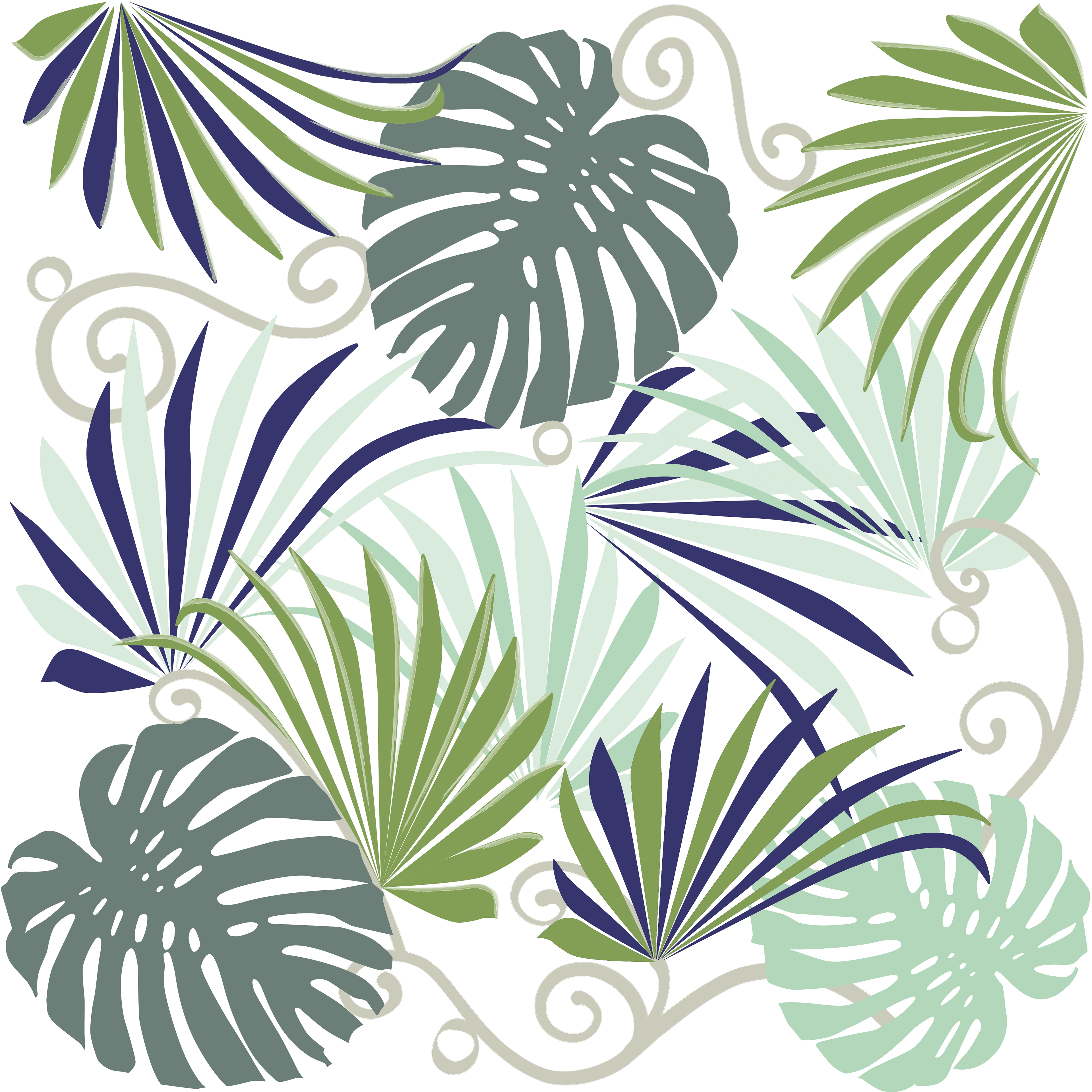 Stylised pattern in shades of green and blue– green monstera leaves, palm leaves and decorative twists and lines
