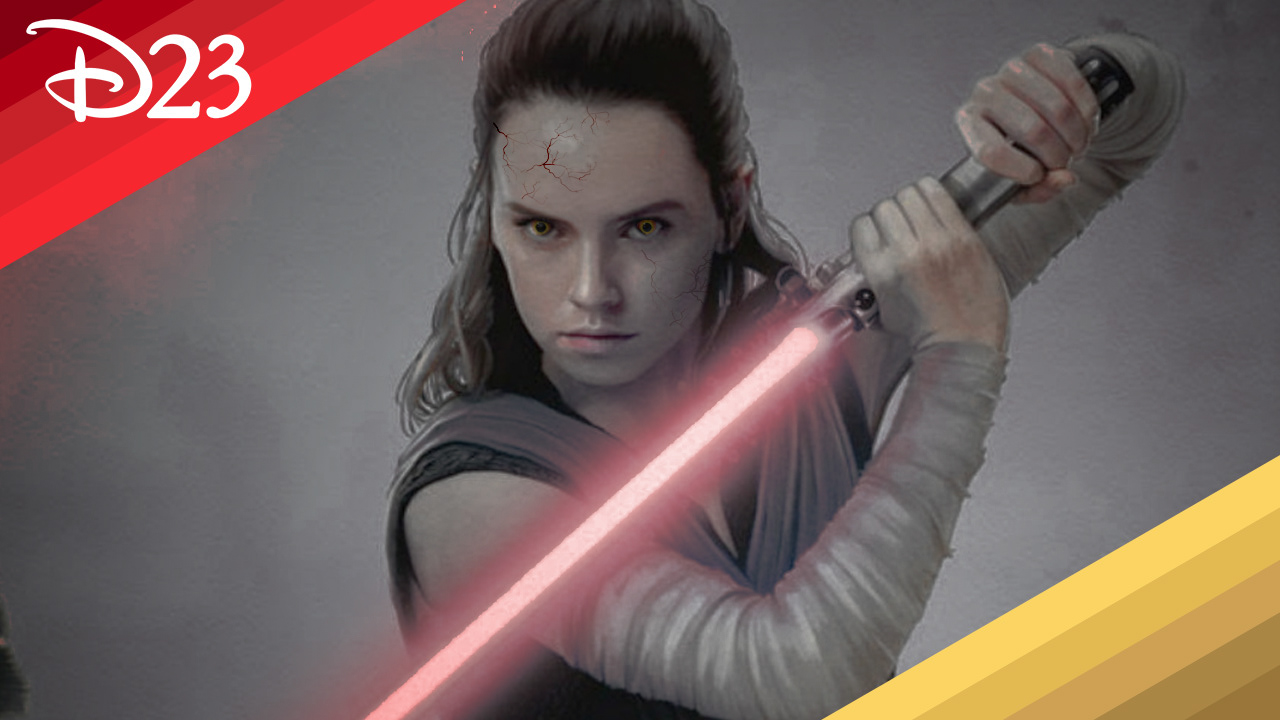 Daisy Ridley as Rey in Rise of Skywaker. This was a photoshopped version of Rey when it was announced she may had been a dark Jedi. She's holding a Red Lightsaber, her skin is pale and has red scars across her face. Her eyes are dark yellow.