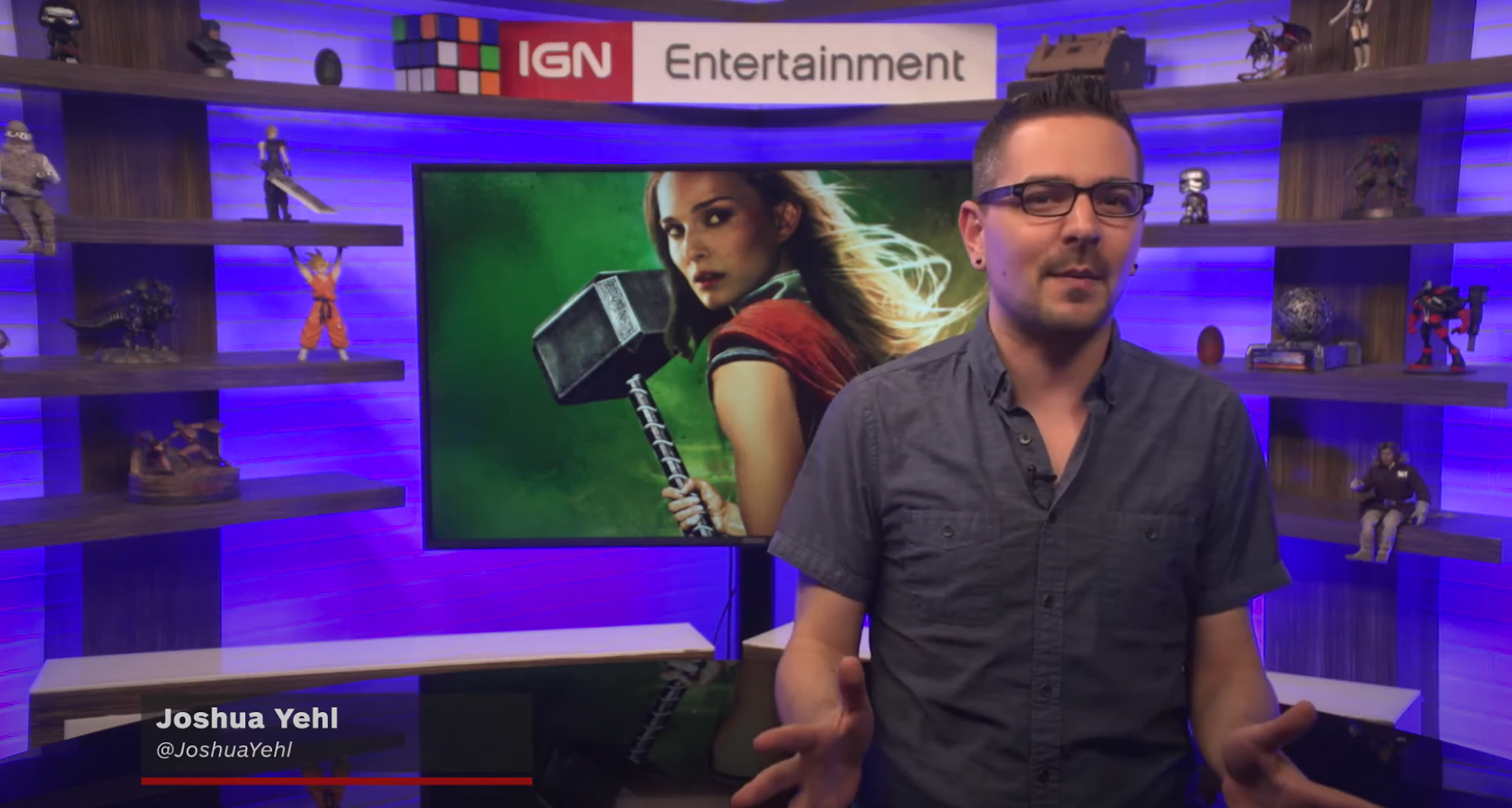 Screenshot of my Natalie Portman Thor image in behind the host Joshua Yeuhl in an IGN video talking about Natalie Portman becoming Thor.