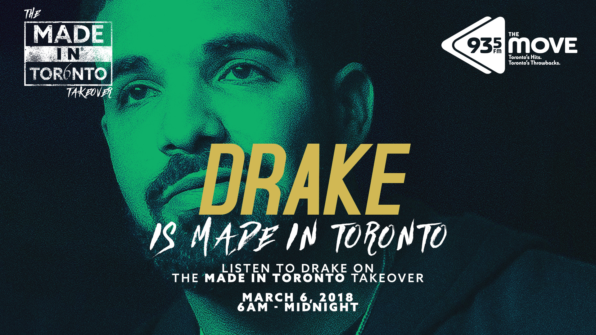 Photo of Drake with a green filter. Text reads "Drake is made in Toronto"