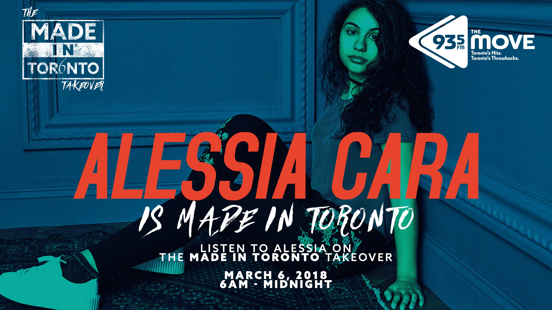 Photo of Alessia Cara with a blue and green filter. The text reads "Alessia Cara is made in Toronto."