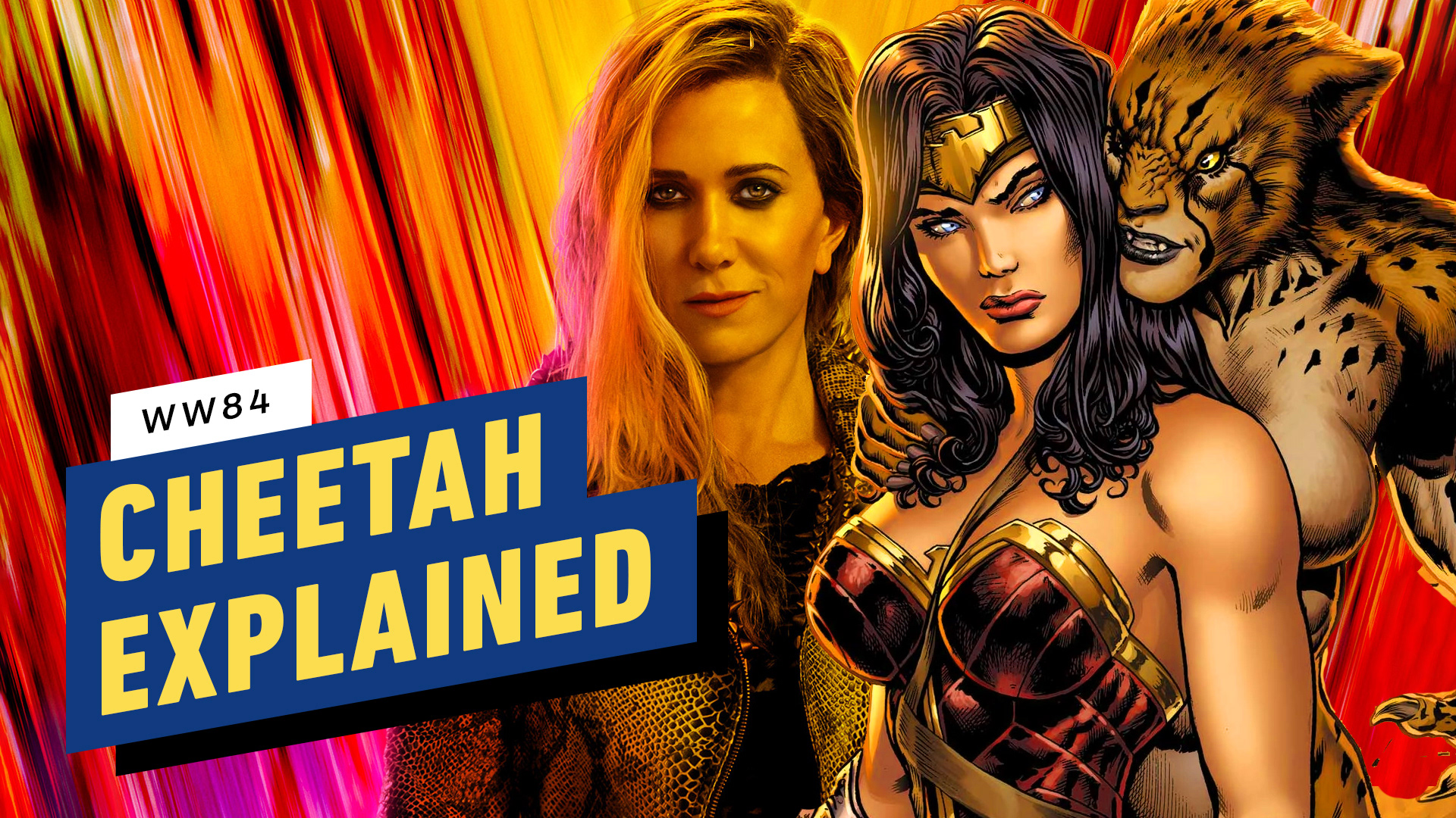 YouTube Thumbnail of Kristin Wiig in her Cheetah character poster for Wonder Woman 1984 and a comic book version of Wonder Woman looking at Cheetah from the comics. Text reads "WW84. Cheetah Explained."