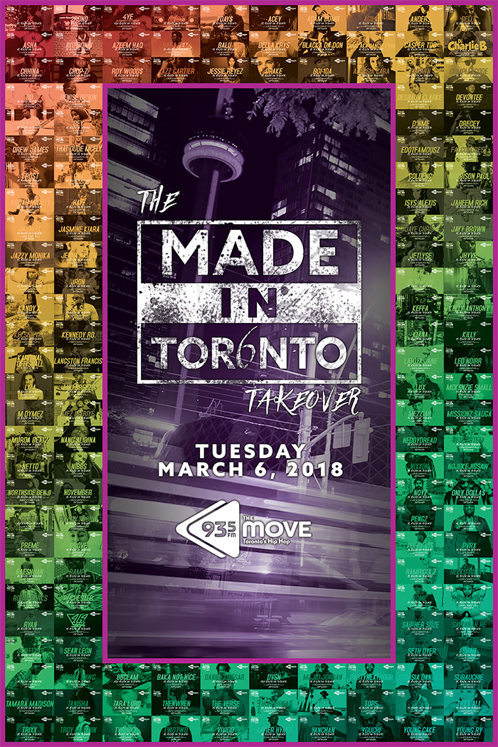 The Made in Toronto Takeover poster. The poster showcases over 300 local Toronto artists in a border around a Toronto cityscape to show how many artists played at the event.