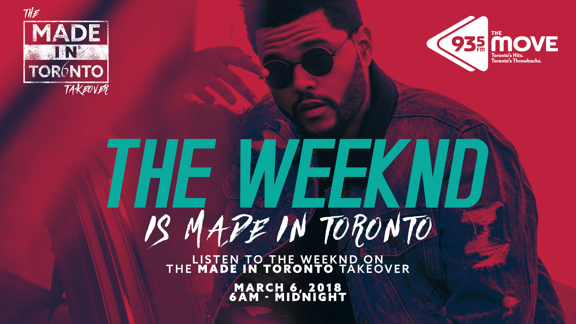 Photo of The Weeknd with a Red and Blue filter. The text reads "The Weeknd is made in Toronto."